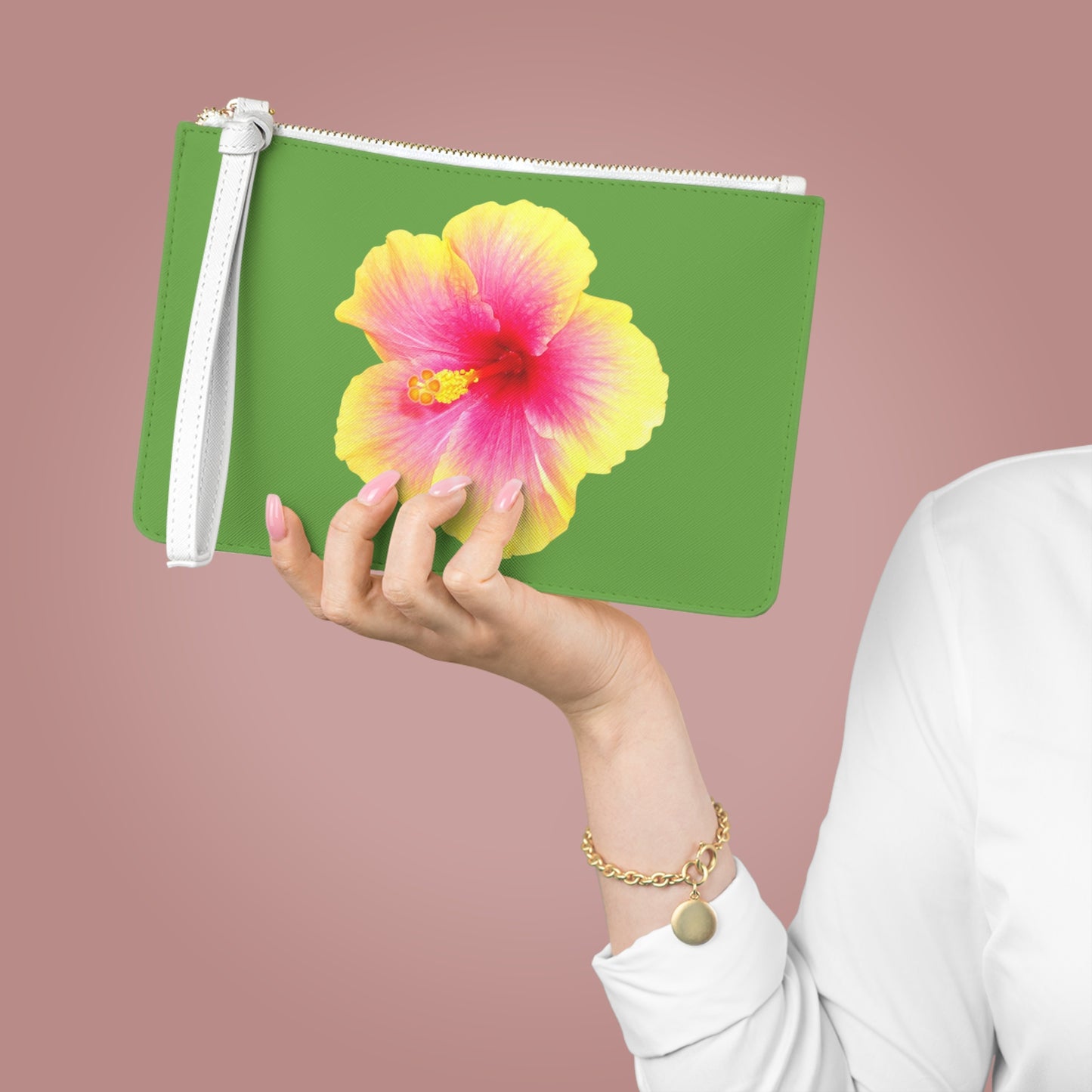 Tropical Faux Leather Clutch Bag - Perfect for Beach Adventures & Summer Vacations / Photo Yellow Hibiscus, Green