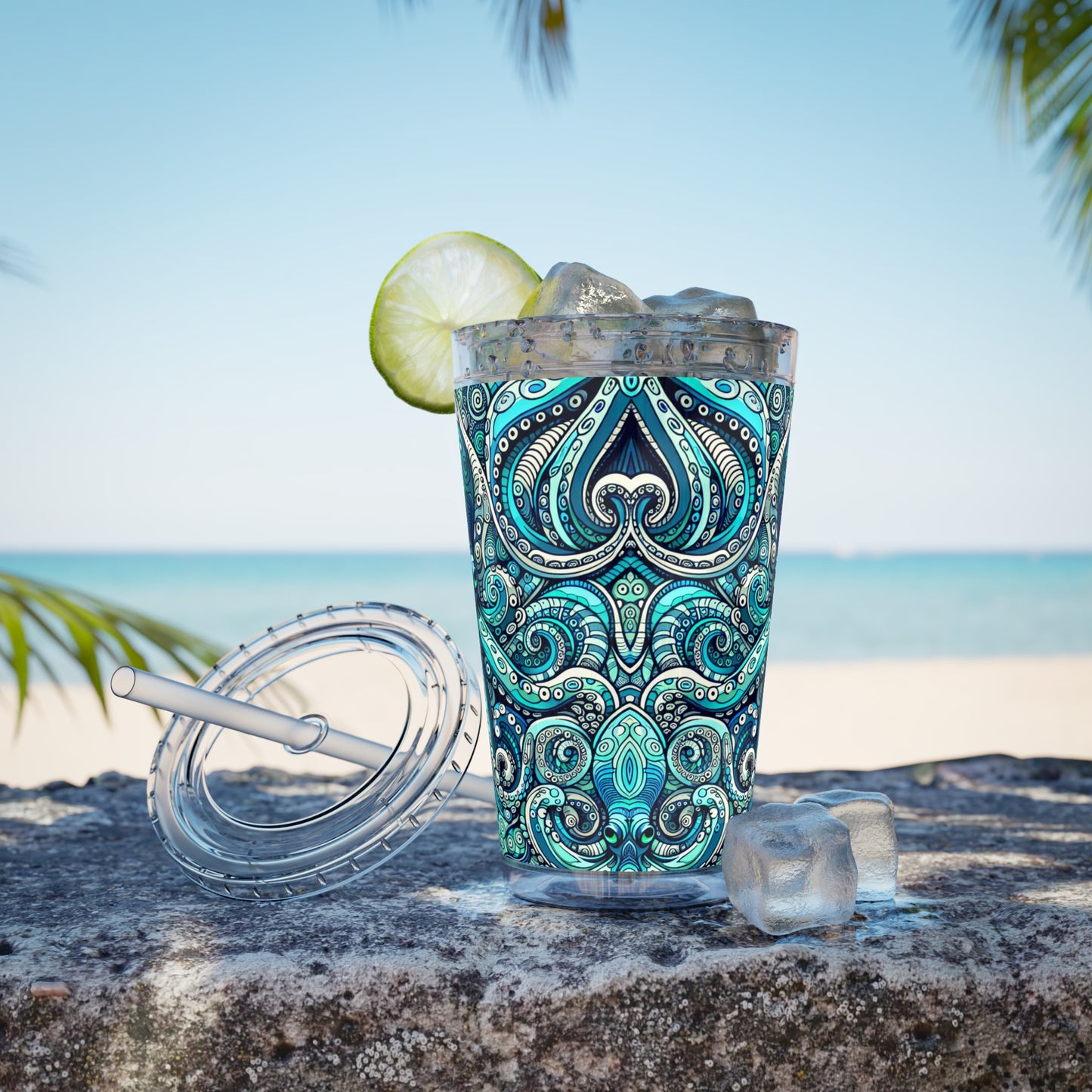 Tropical Tumbler with Straw | 16oz Colorful Travel Cup / Aqua Octopus