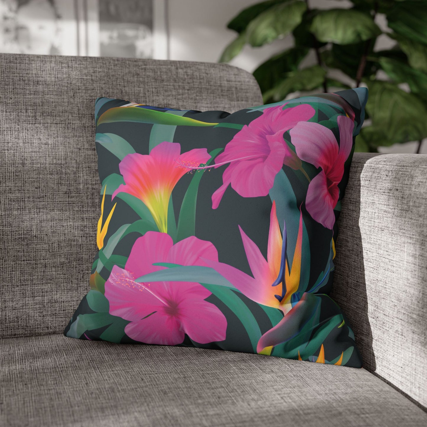 Faux Suede Square Pillowcase - Tropical Floral Beauties