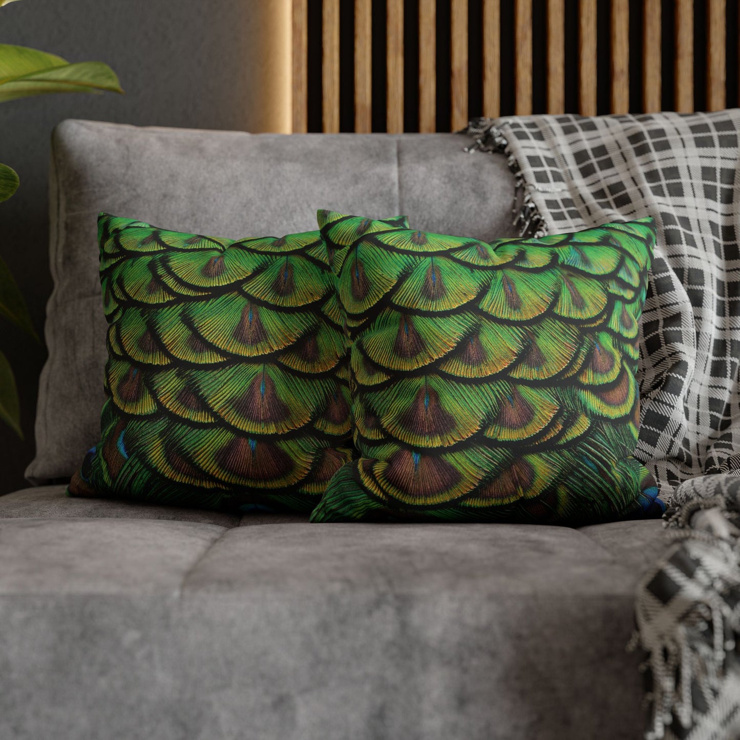 Faux Suede Square Pillowcase - Majestic Green Peacock Feathers