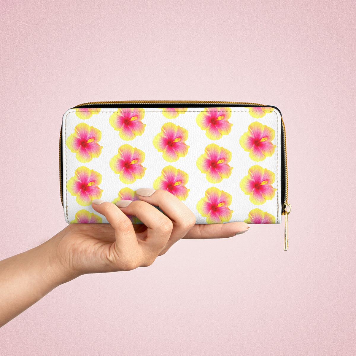 Tropical Zipper Wallet, Faux Leather / Vibrant Clutch / Micro Sunset Hibiscus, White