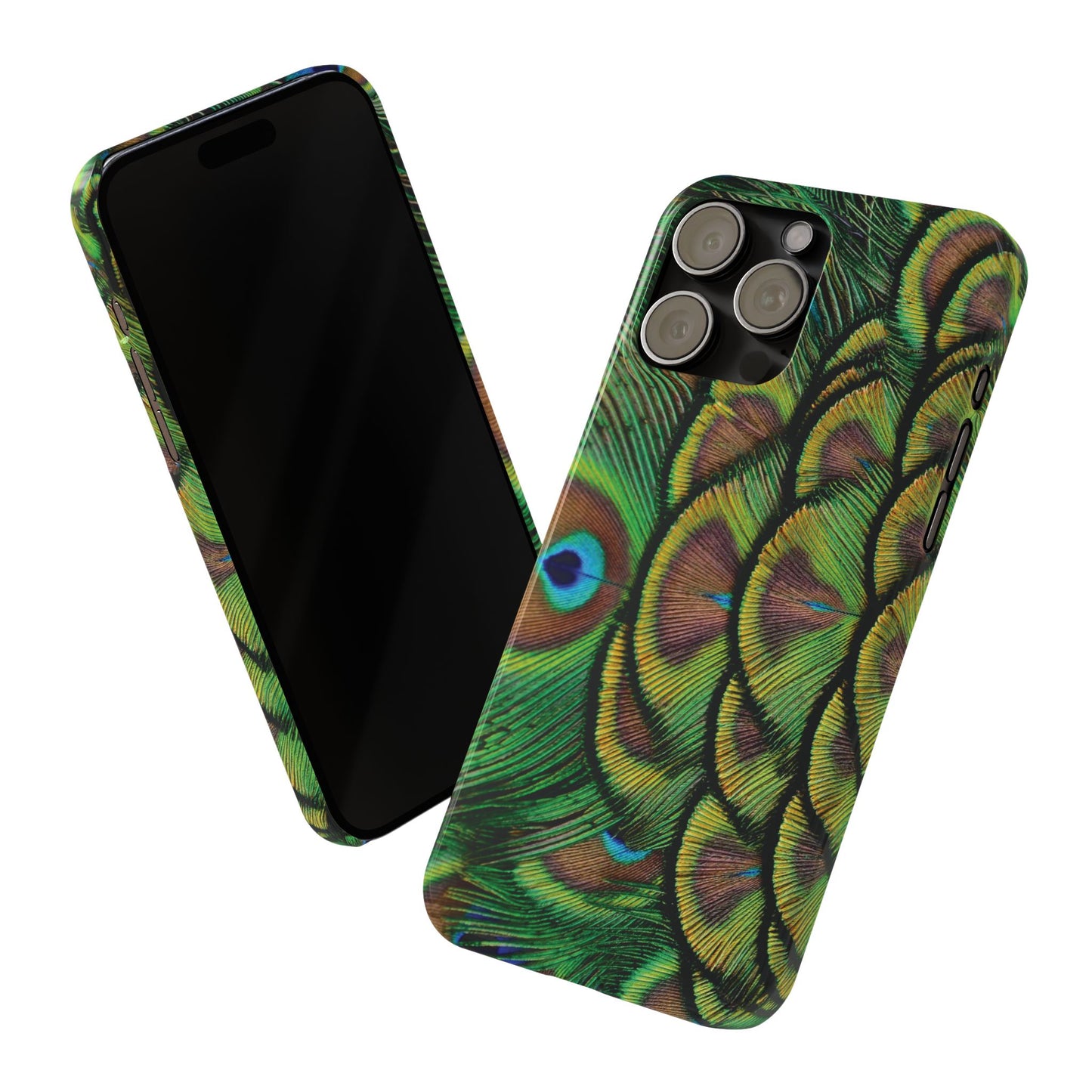 Slim Phone Cases - Brilliant Green Peacock Feathers