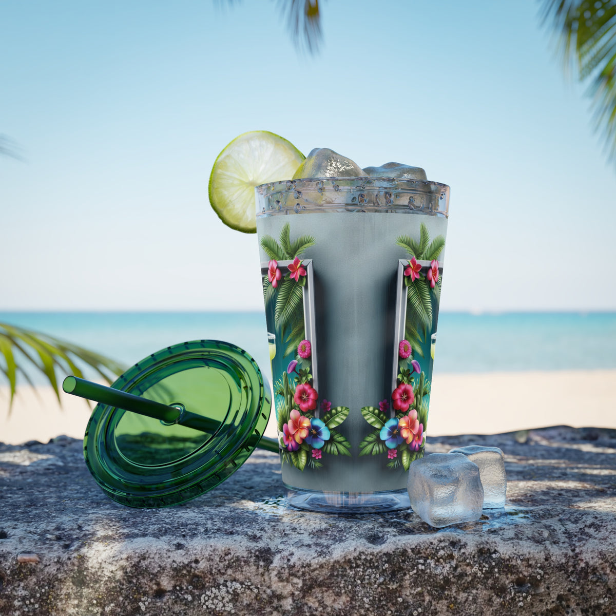 Tropical Tumbler with Straw | 16oz Colorful Travel Cup / Tropical Margarita