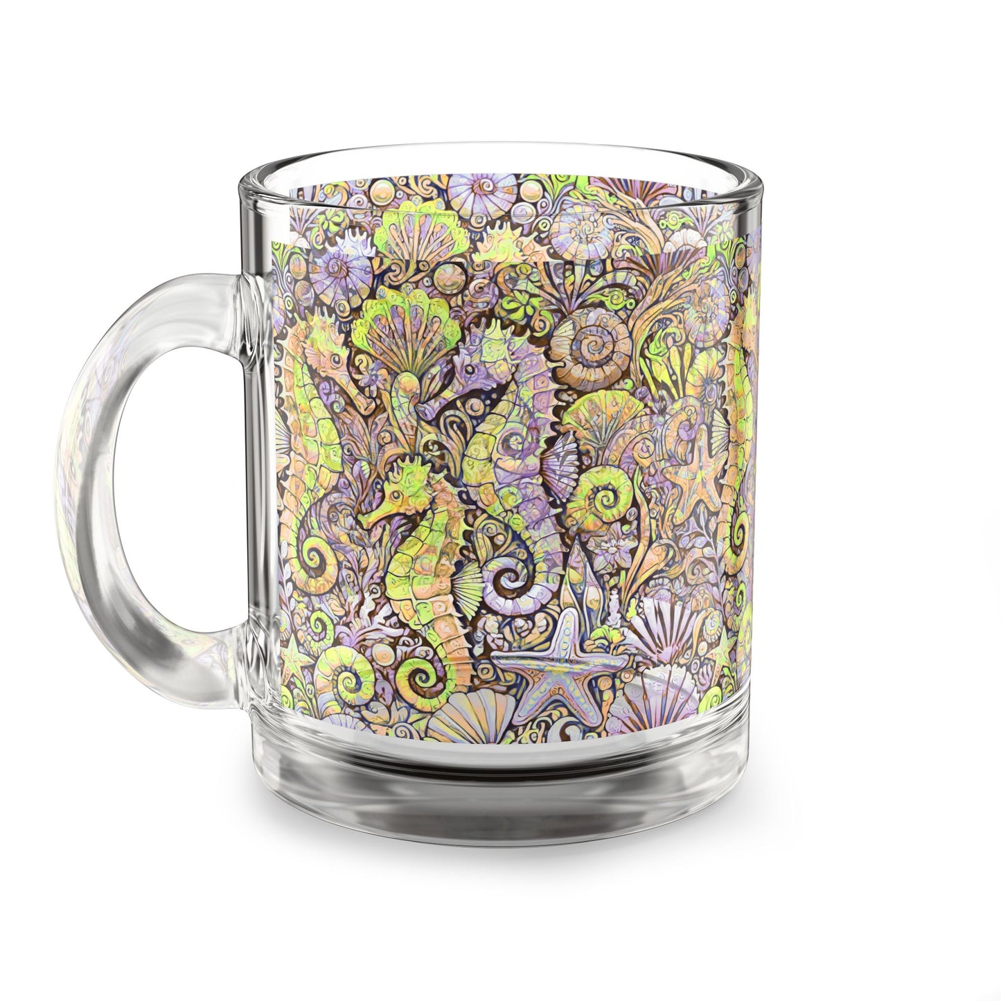 Tropical Glass Mug - 10oz Coffee Cup / Seahorses, Purple