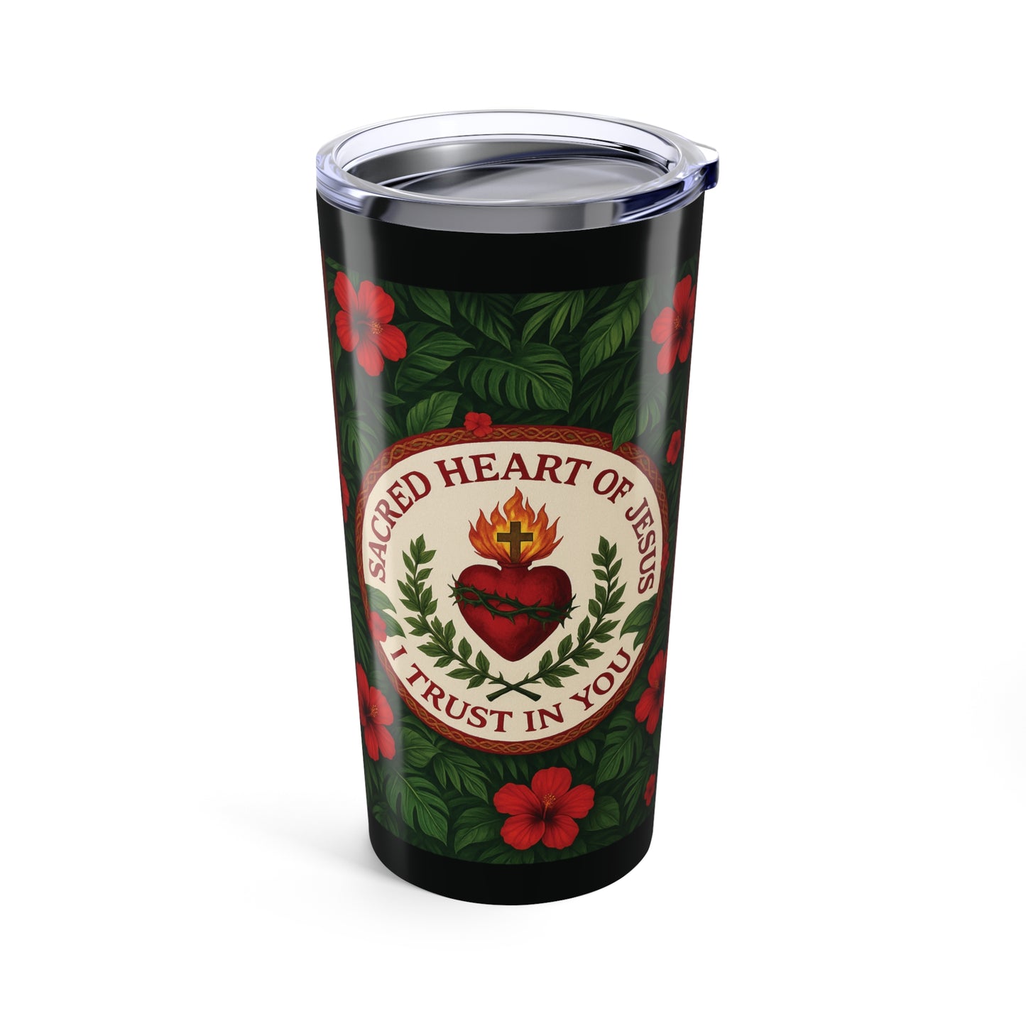 Religious 20oz Tropical Glossy Tumbler - Sacred Heart of Jesus Prayer, Black