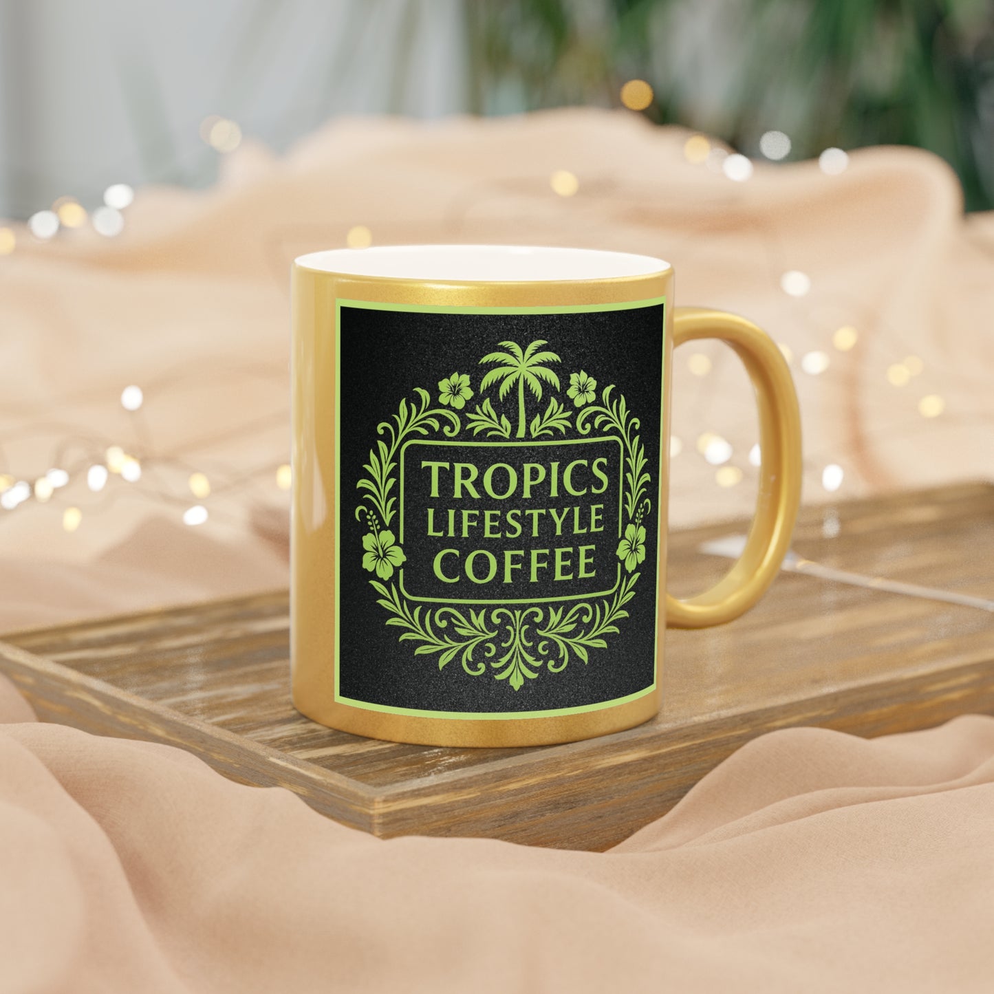 Tropical Metallic Mug, Gold or Silver - Tropics Lifestyle Coffee, Black/Green Logo