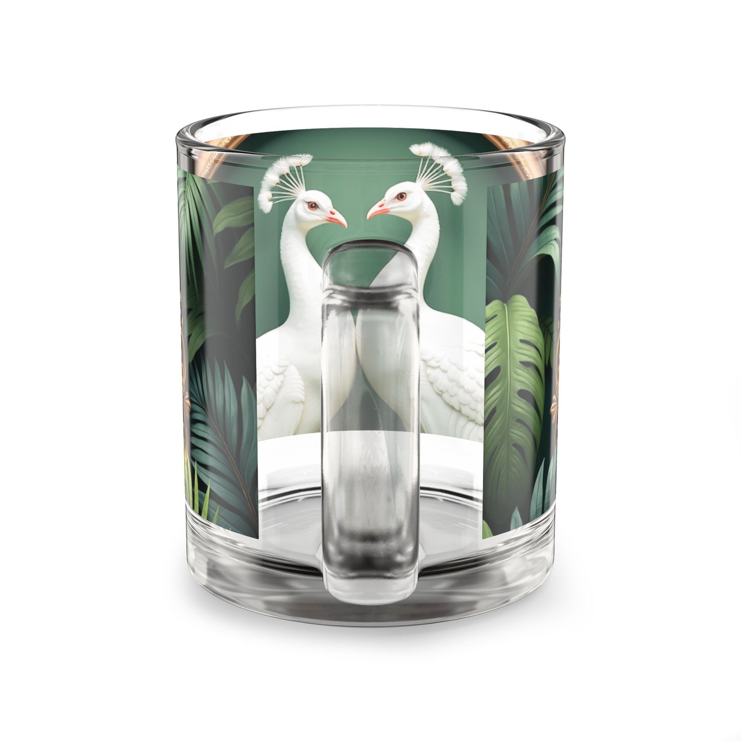 Tropical Glass Mug - 10oz Coffee Cup / White Peacocks