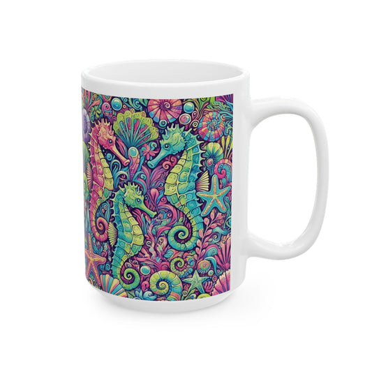 Ceramic White Mug - 11oz & 15oz, Seahorse Trio