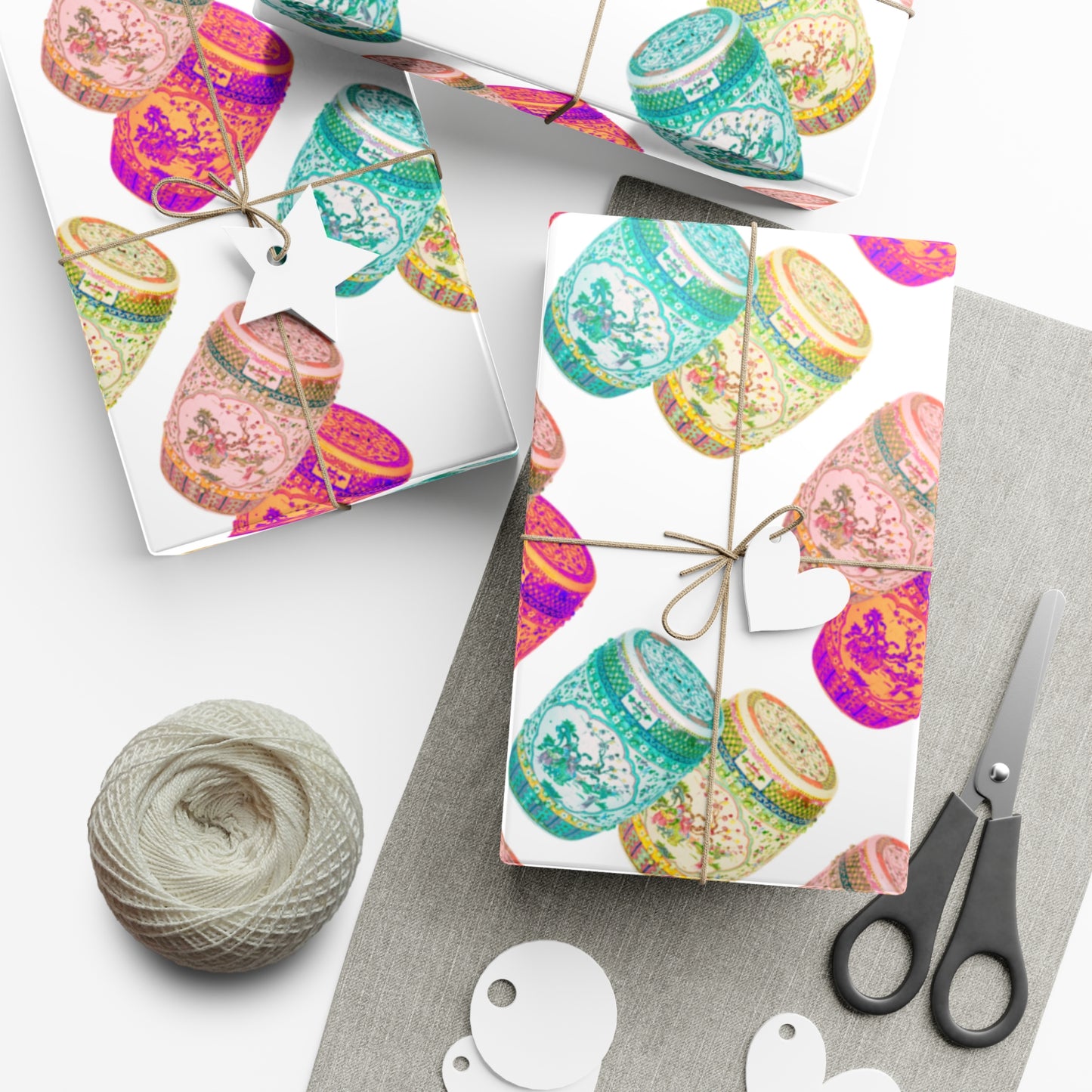 Wrapping Paper - Tropical Gift Wrap for All Occasions / 3 Sizes, 2 Finishes /Pop Art Porcelain Stools, White
