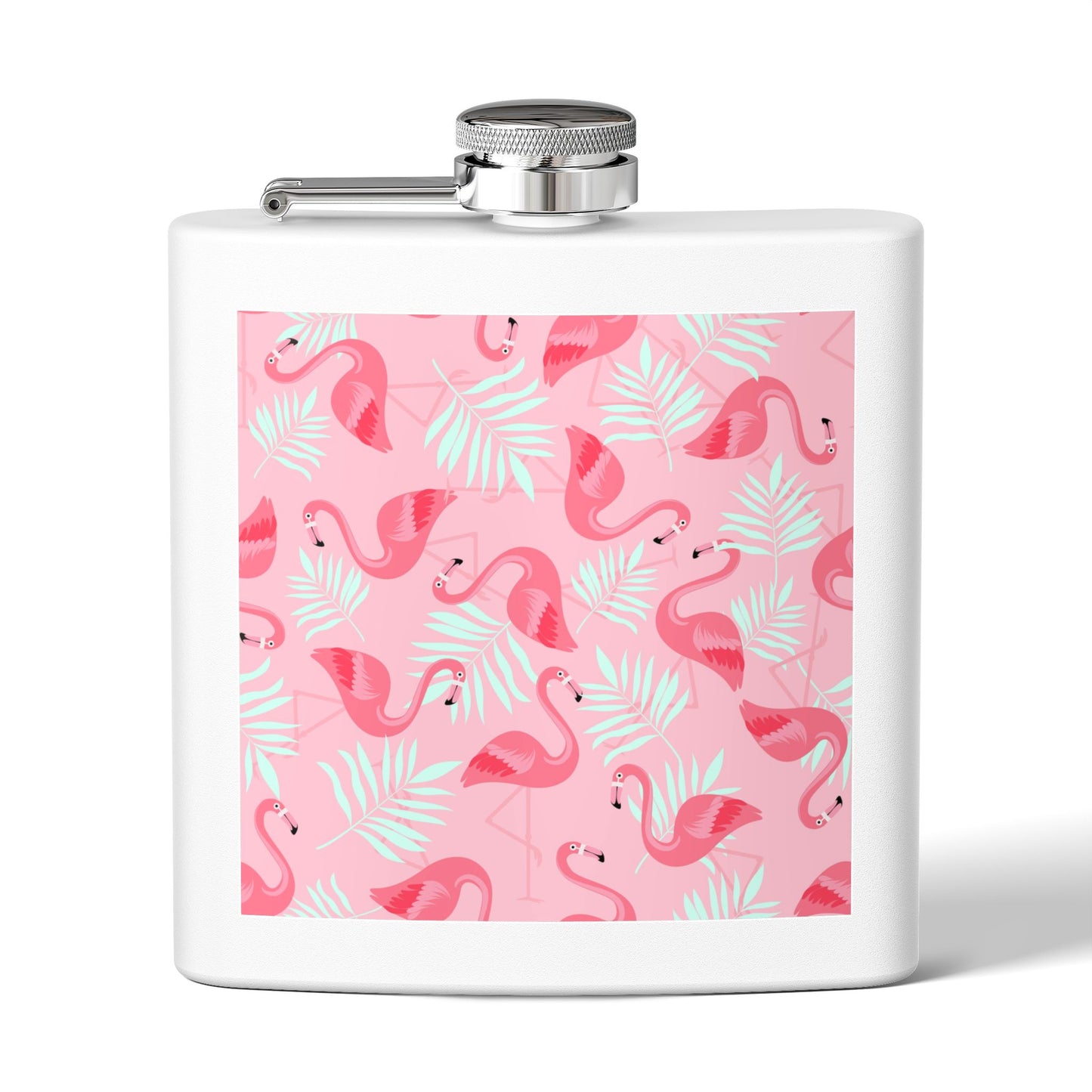 Tropical Stainless Steel 6 oz. Flask, Many Colors  – Flamingos and White Palms