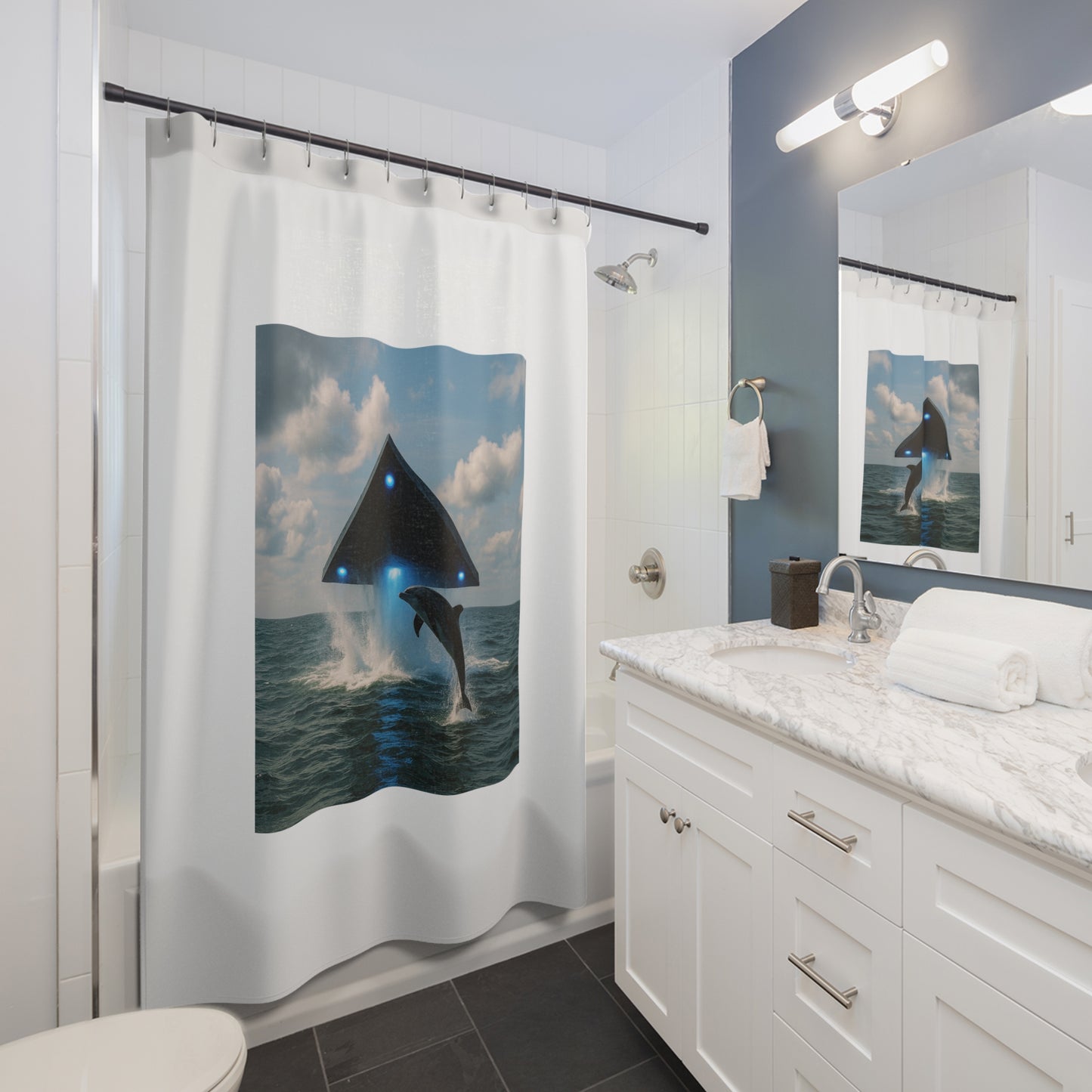 Tropical Shower Curtain - UFO and Dolphin, White / Ocean Decor