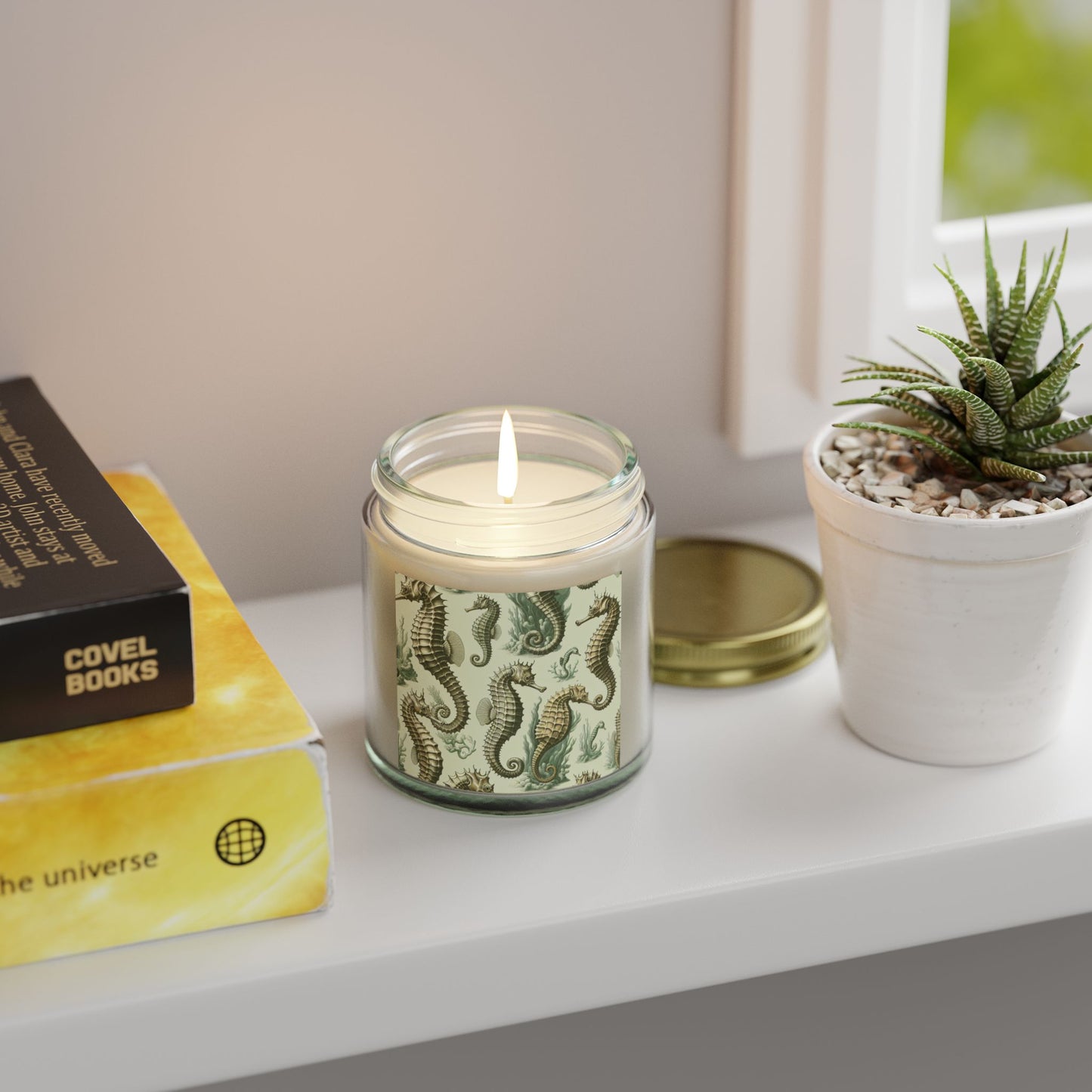 Tropical Green Toile Seahorses Scented Candles - Coconut Apricot Wax (4oz, 9oz)