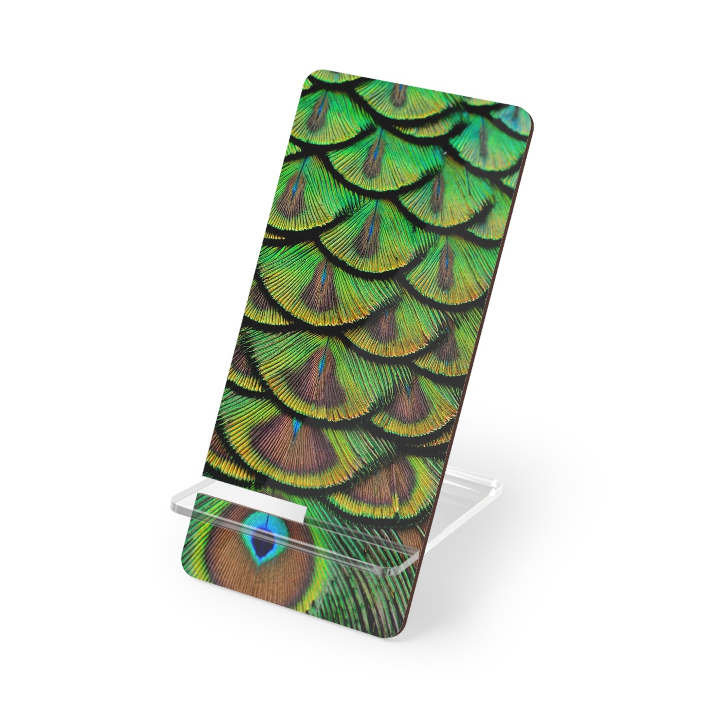 Mobile Display Stand for Smartphones, Brilliant Green Peacock Feathers