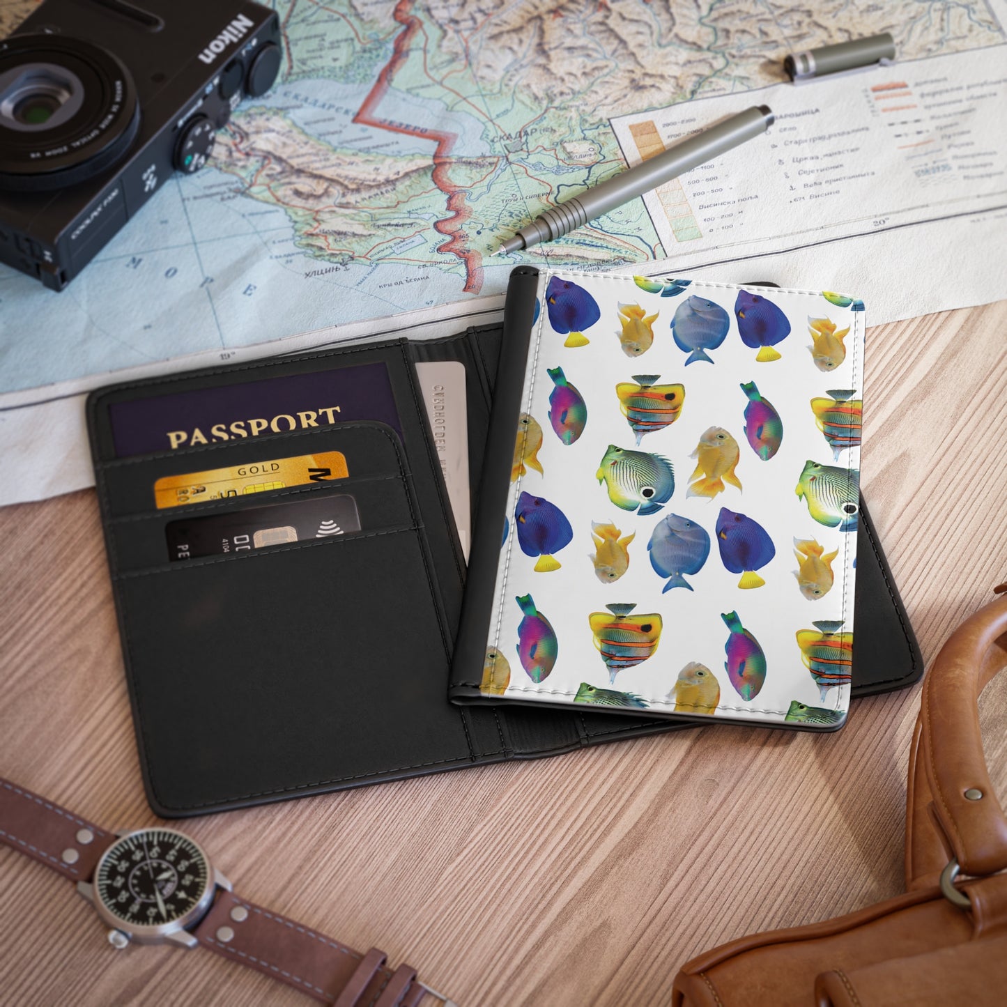 Tropical Passport Cover, Faux Leather - RFID blocking for travel security / School of Fish
