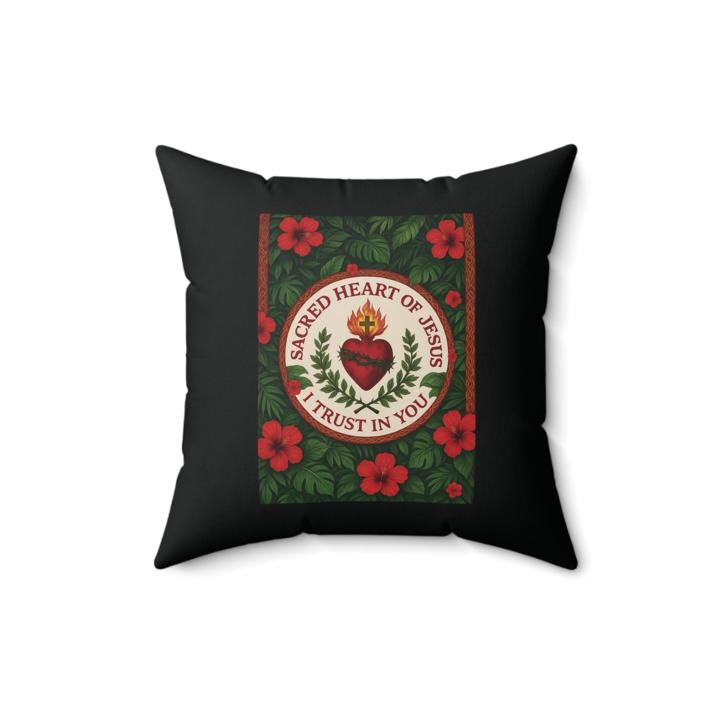 Religious Decorative Pillow - Accent Cushion, 4 Sizes / Sacred Heart of Jesus Prayer, Black