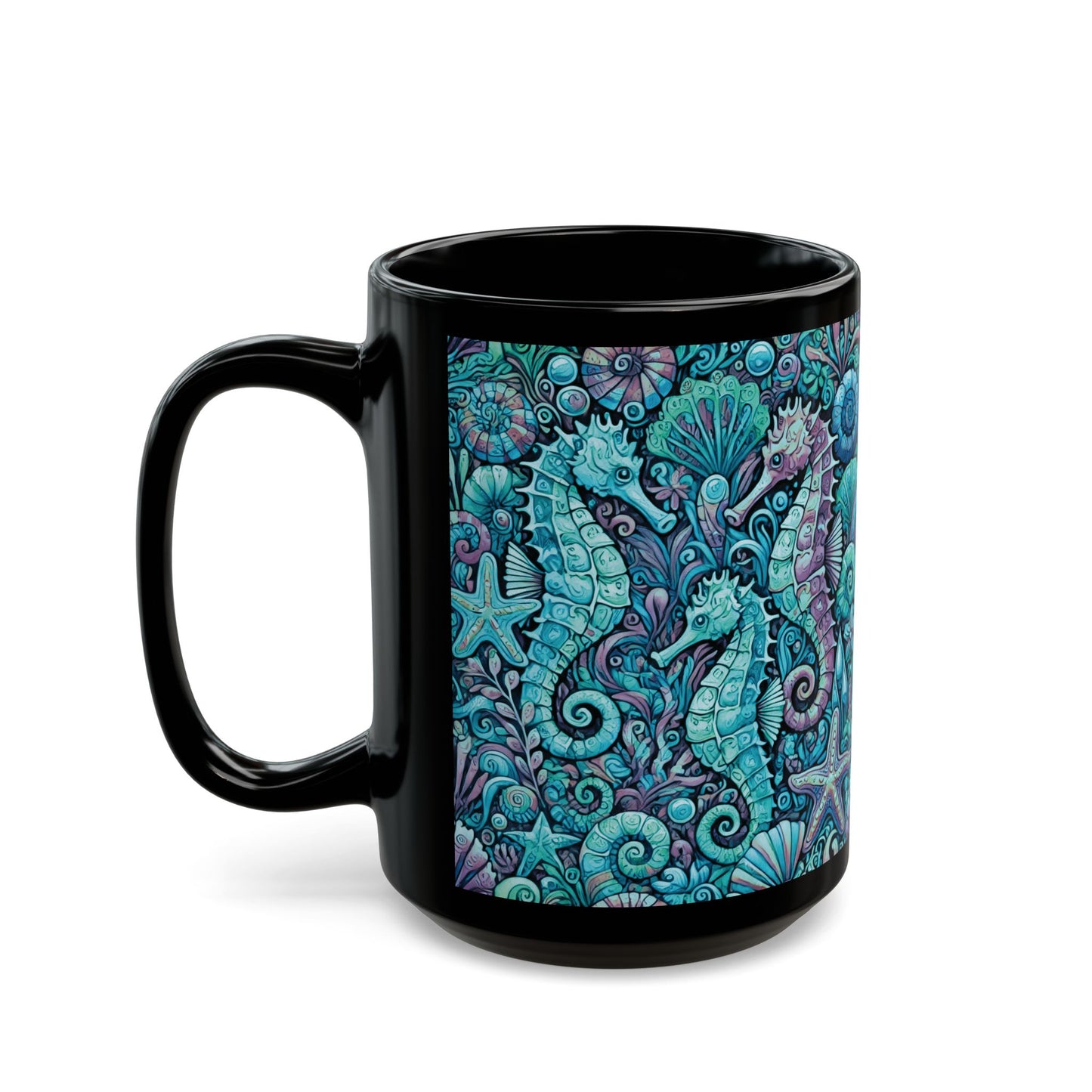 Black Coffee Mug - Seahorse Party, Turquoise