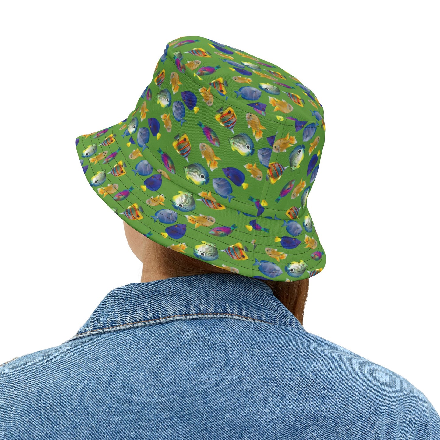 Tropical Polyester Bucket Hat, 2 Sizes - School of Fish / Light Green