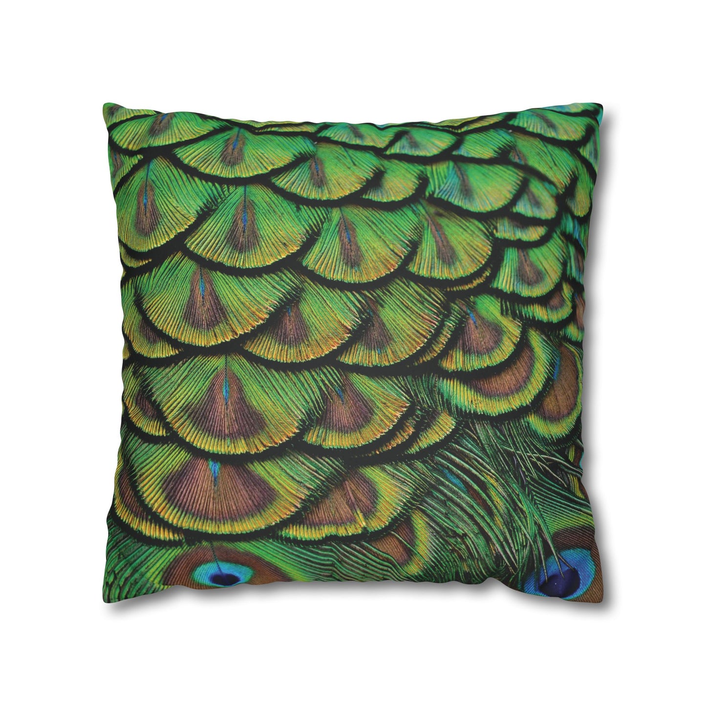 Faux Suede Square Pillowcase - Majestic Green Peacock Feathers