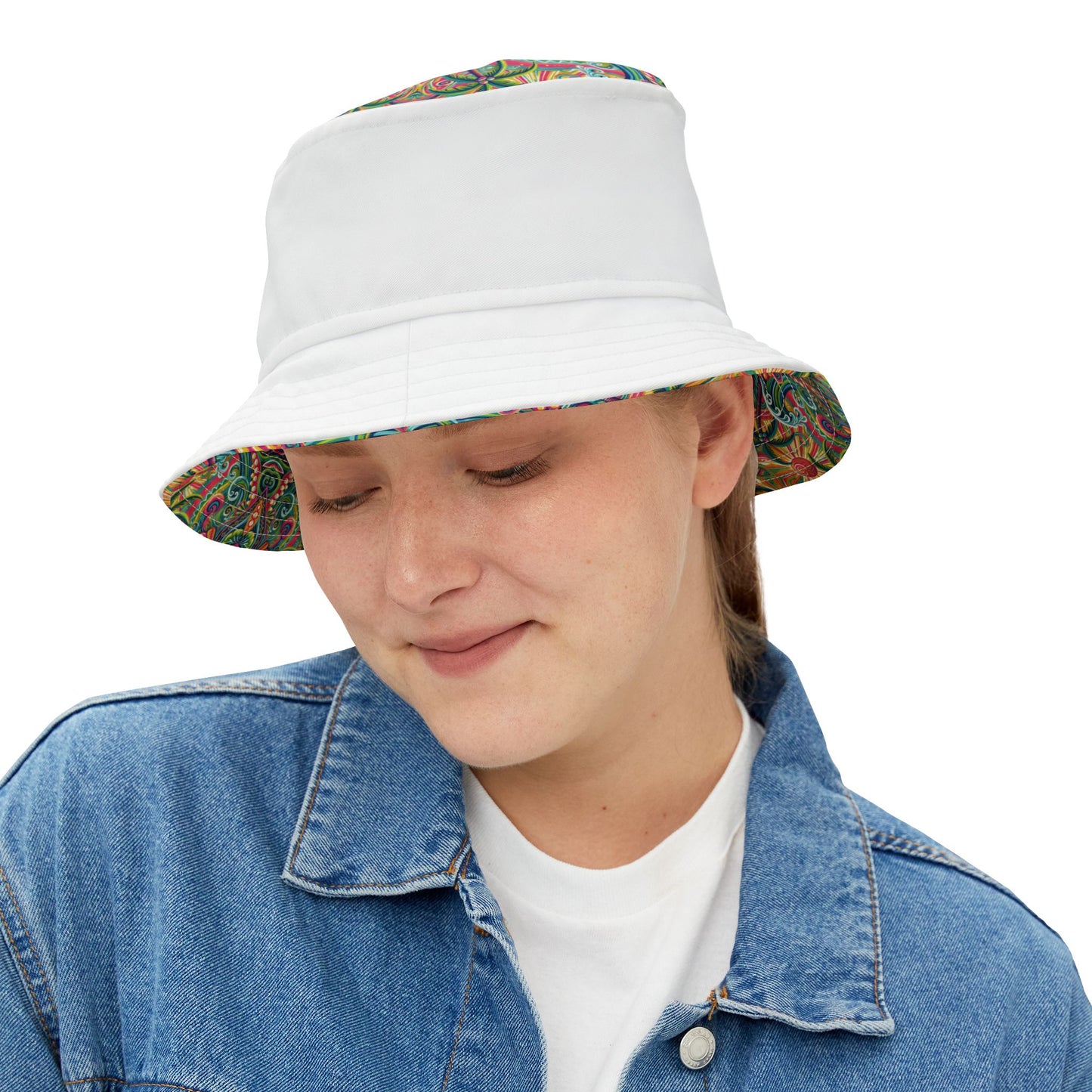 Tropical Polyester Bucket Hat, 2 Sizes - Kaleido Bay/White