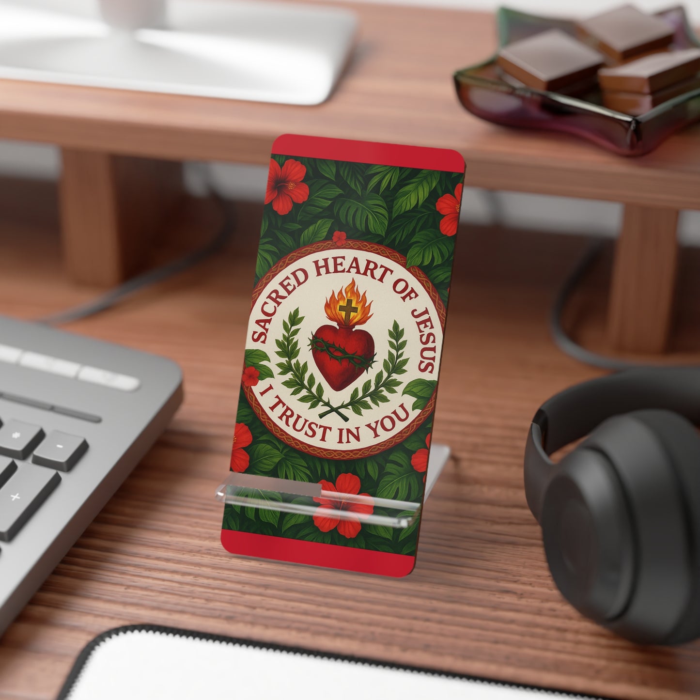 Religious Smartphone Display Stand with Sacred Heart of Jesus Prayer, Dark Red