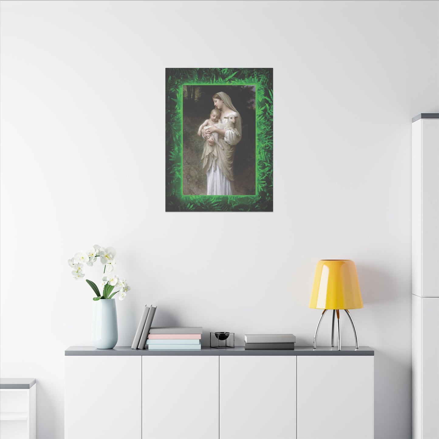 "Tropical Glow Innocence" Religious Canvas Artwork - Stretched Canvas Print / Virgin Mary & Jesus