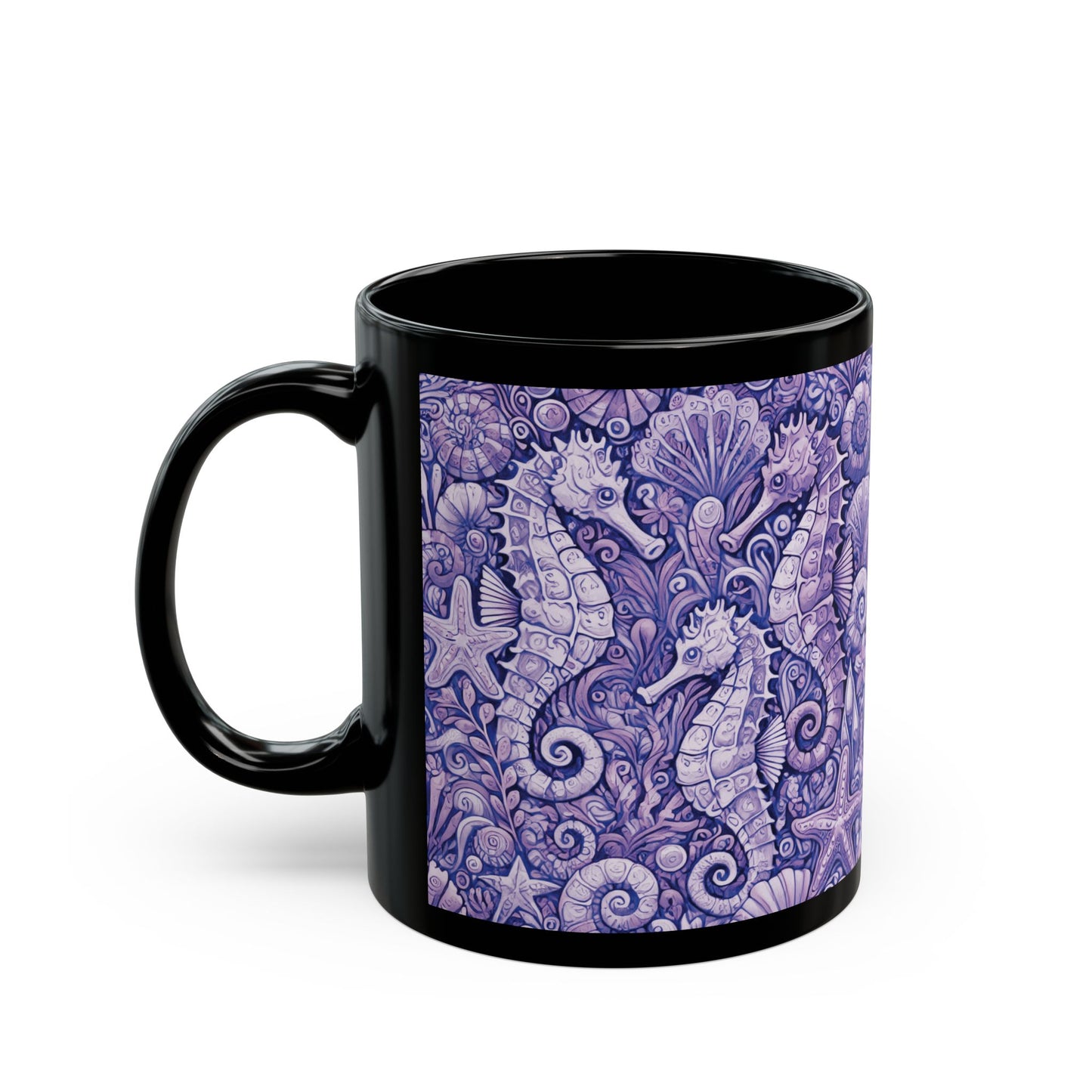 Black Coffee Mug - Seahorse Trio, Purple