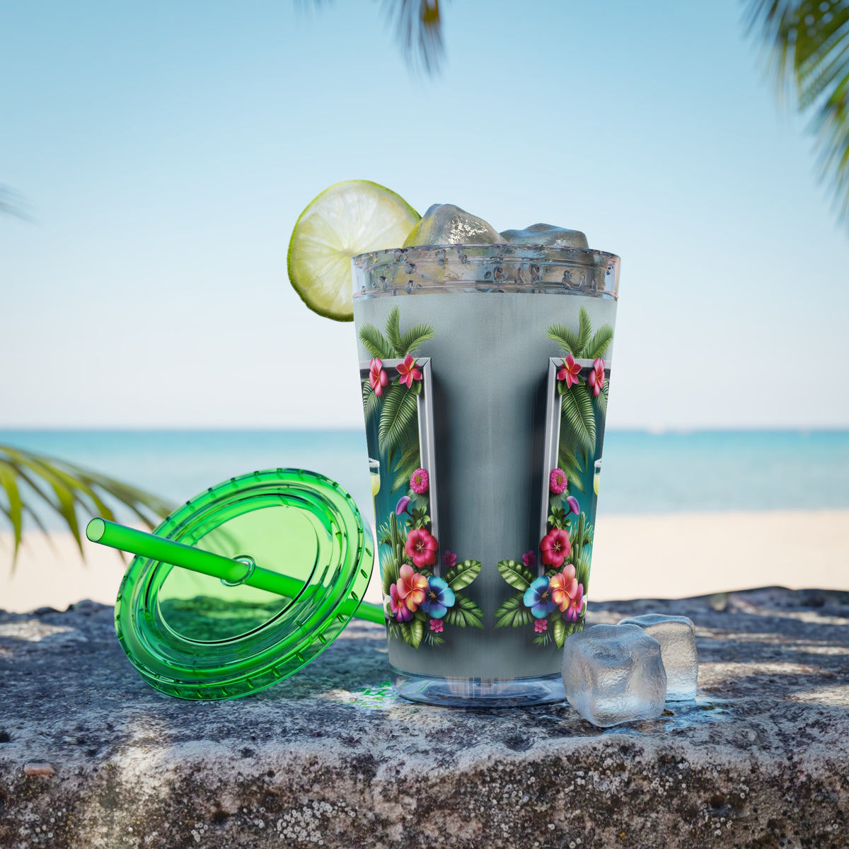 Tropical Tumbler with Straw | 16oz Colorful Travel Cup / Tropical Margarita