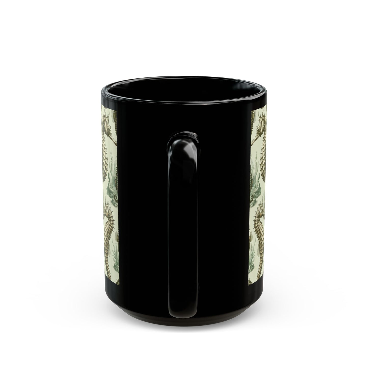 Black Coffee Mug - Green Toile Seahorses