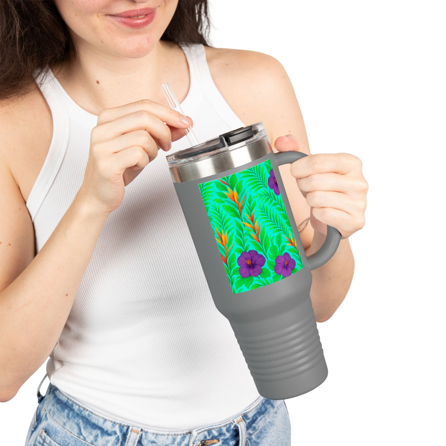 Midnight Flower Green Insulated Travel Mug - 40oz - Perfect for Outdoor Adventures
