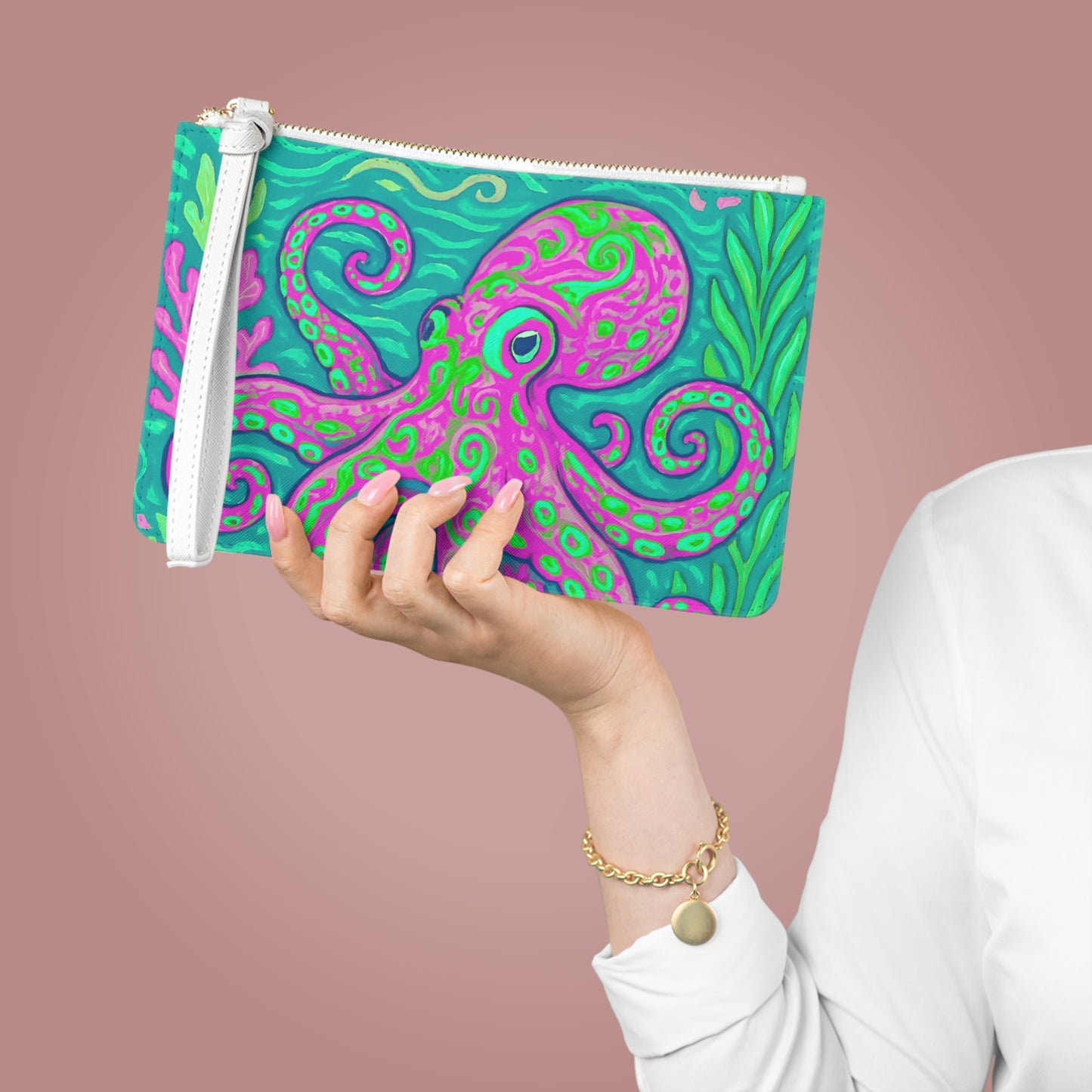 Tropical Faux Leather Clutch Bag - Perfect for Beach Adventures & Summer Vacations / Octopus Kraken Joe, Purple