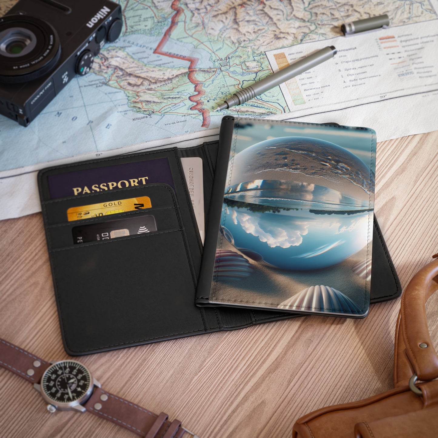 Tropical Passport Cover, Faux Leather - RFID blocking for travel security / Beach Illusion Ball