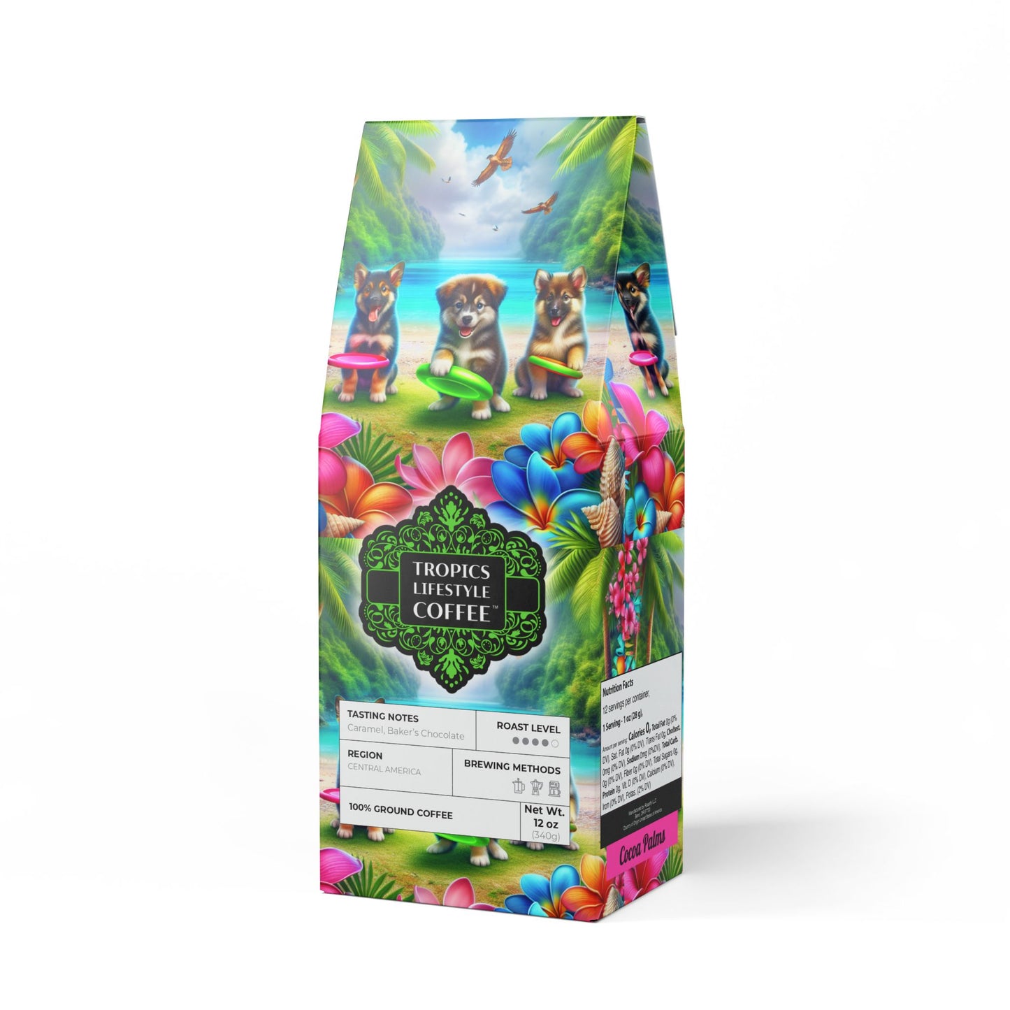 Cocoa Palms Blend™ (Medium-Dark Roast) Specialty Grade Craft Coffee / Beach Dogs Playing Frisbee