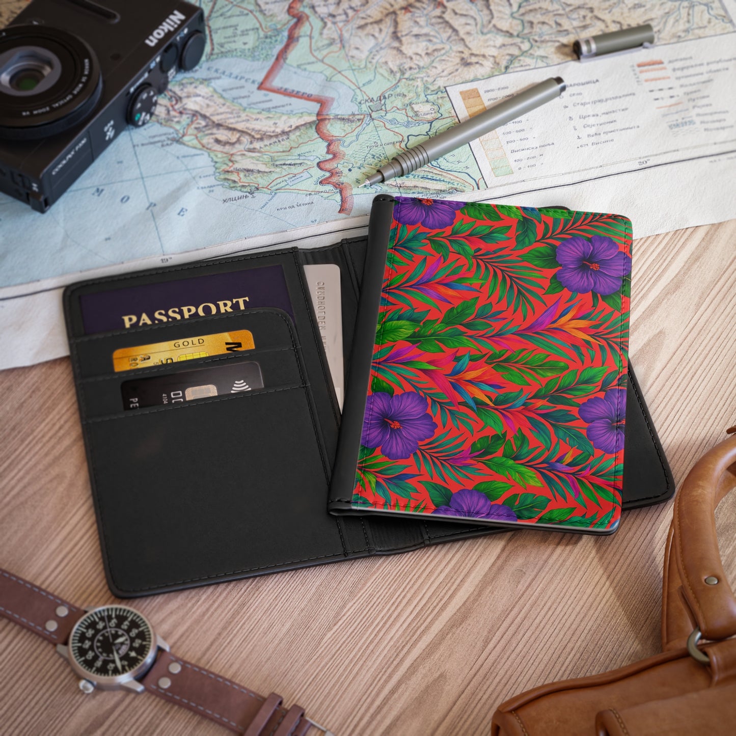 Tropical Passport Cover, Faux Leather - RFID blocking for travel security / Midnight Flower Coral