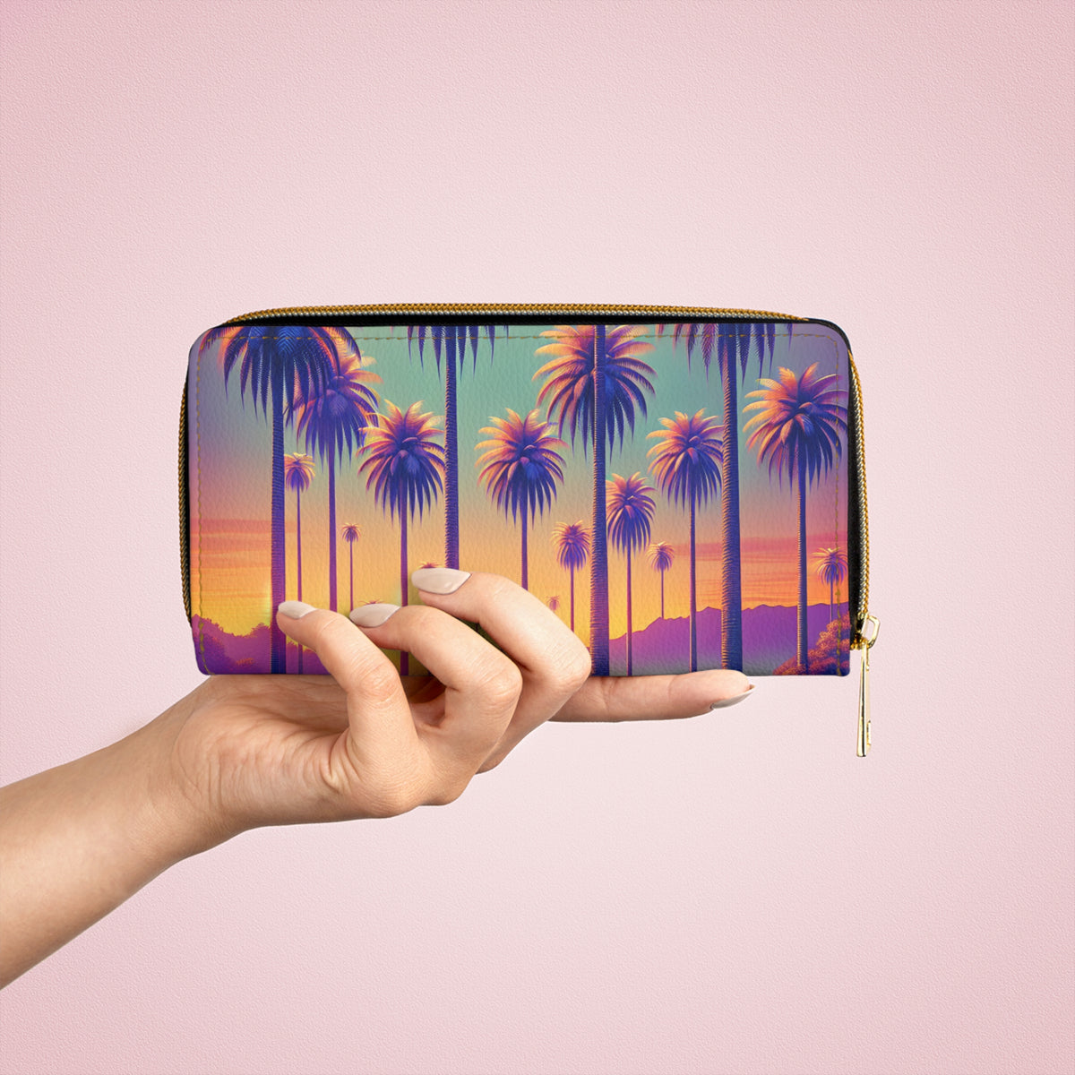 Tropical Zipper Wallet, Faux Leather / Vibrant Clutch / Sunset Palms