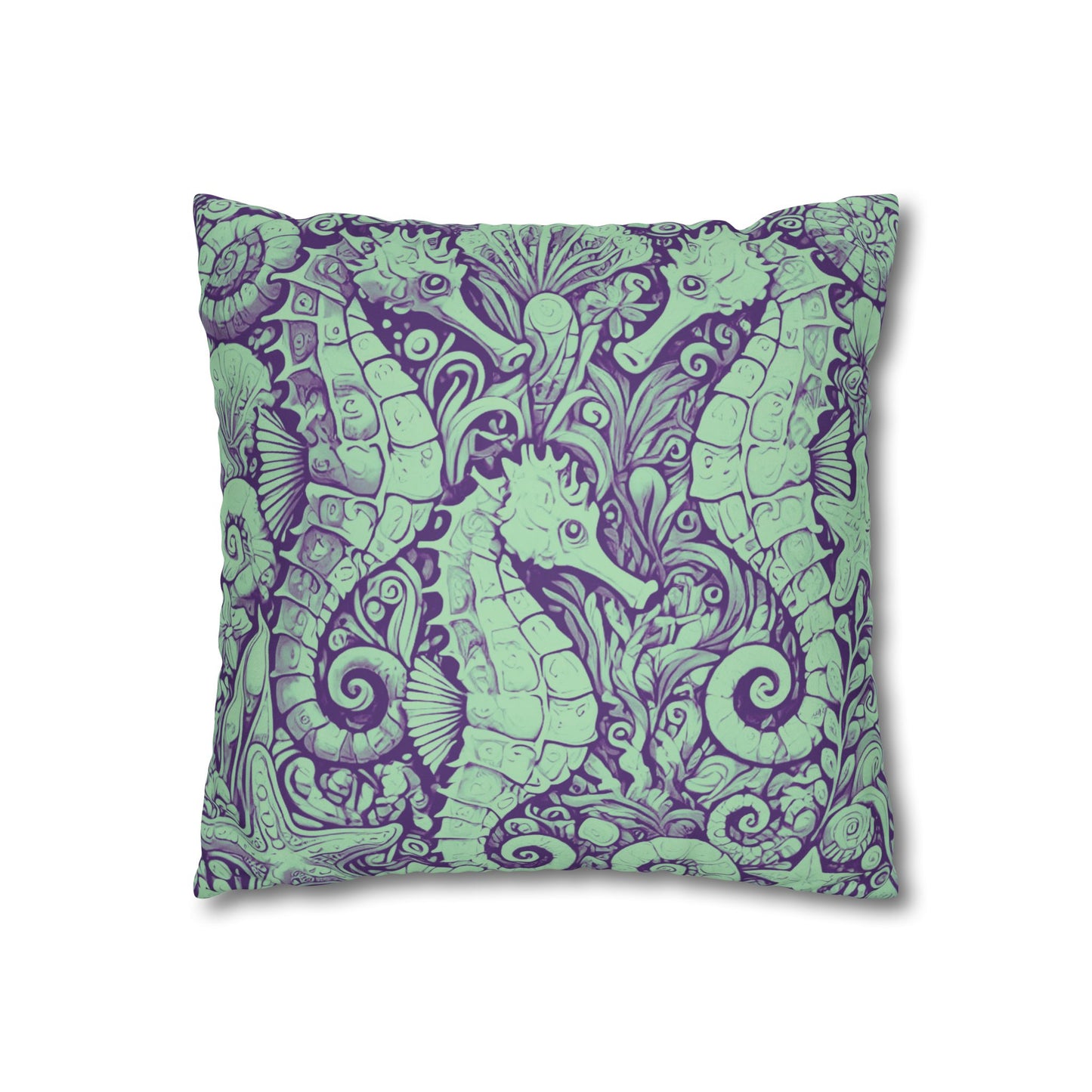 Faux Suede Square Pillowcase - Seahorse Trio, Minty