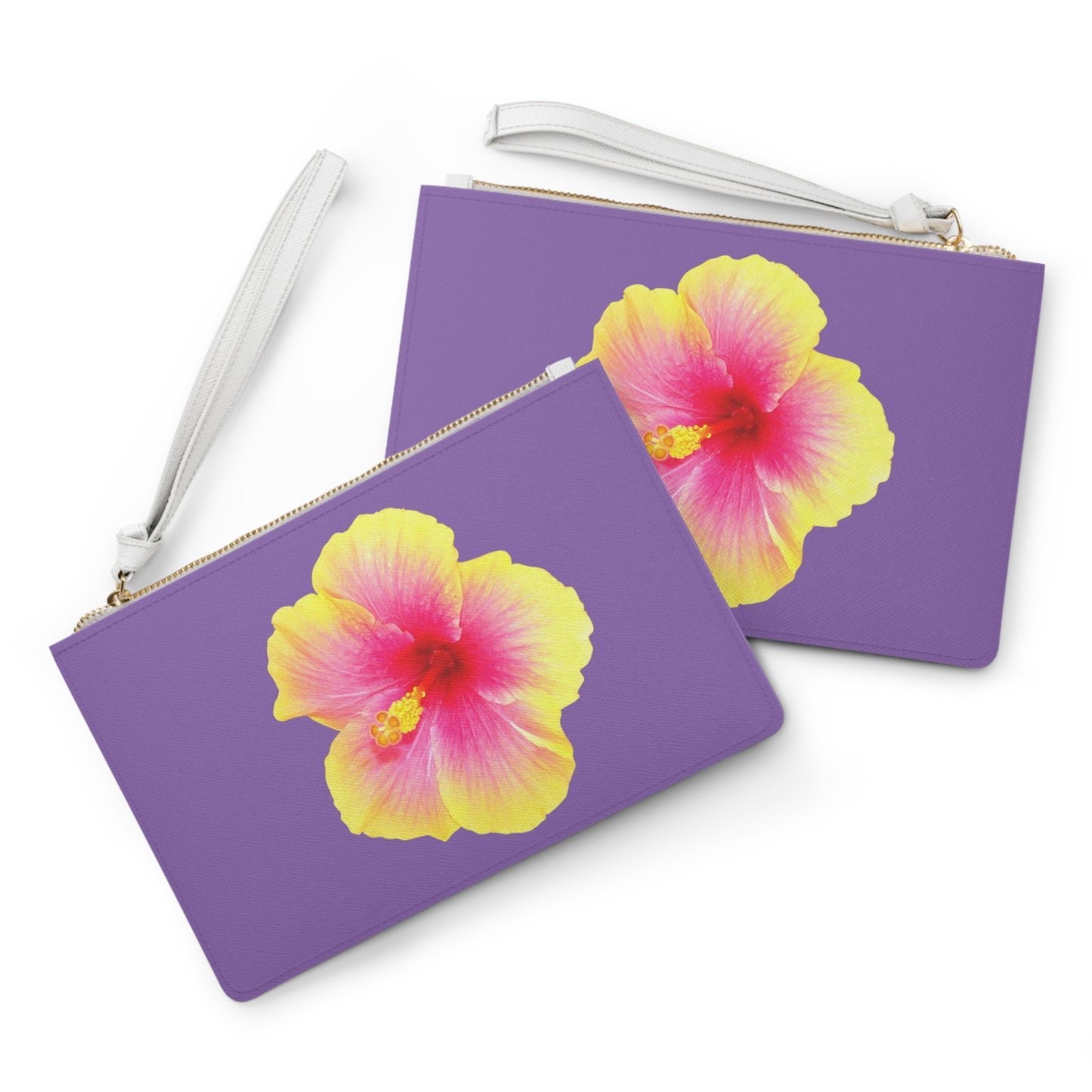 Tropical Faux Leather Clutch Bag - Perfect for Beach Adventures & Summer Vacations / Photo Yellow Hibiscus, Lt. Purple
