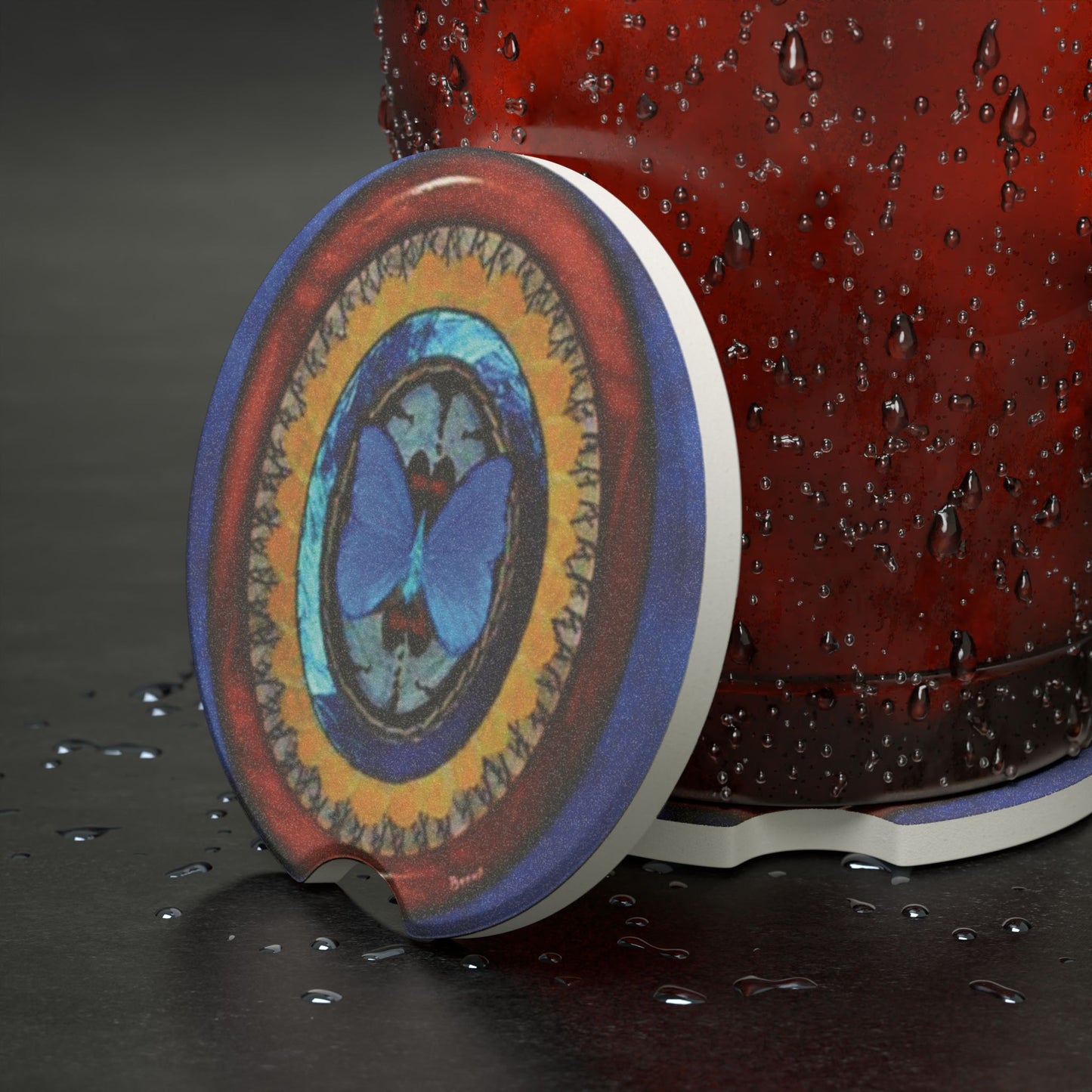 Soapstone Car Coaster - Oval Butterfly Wing Art