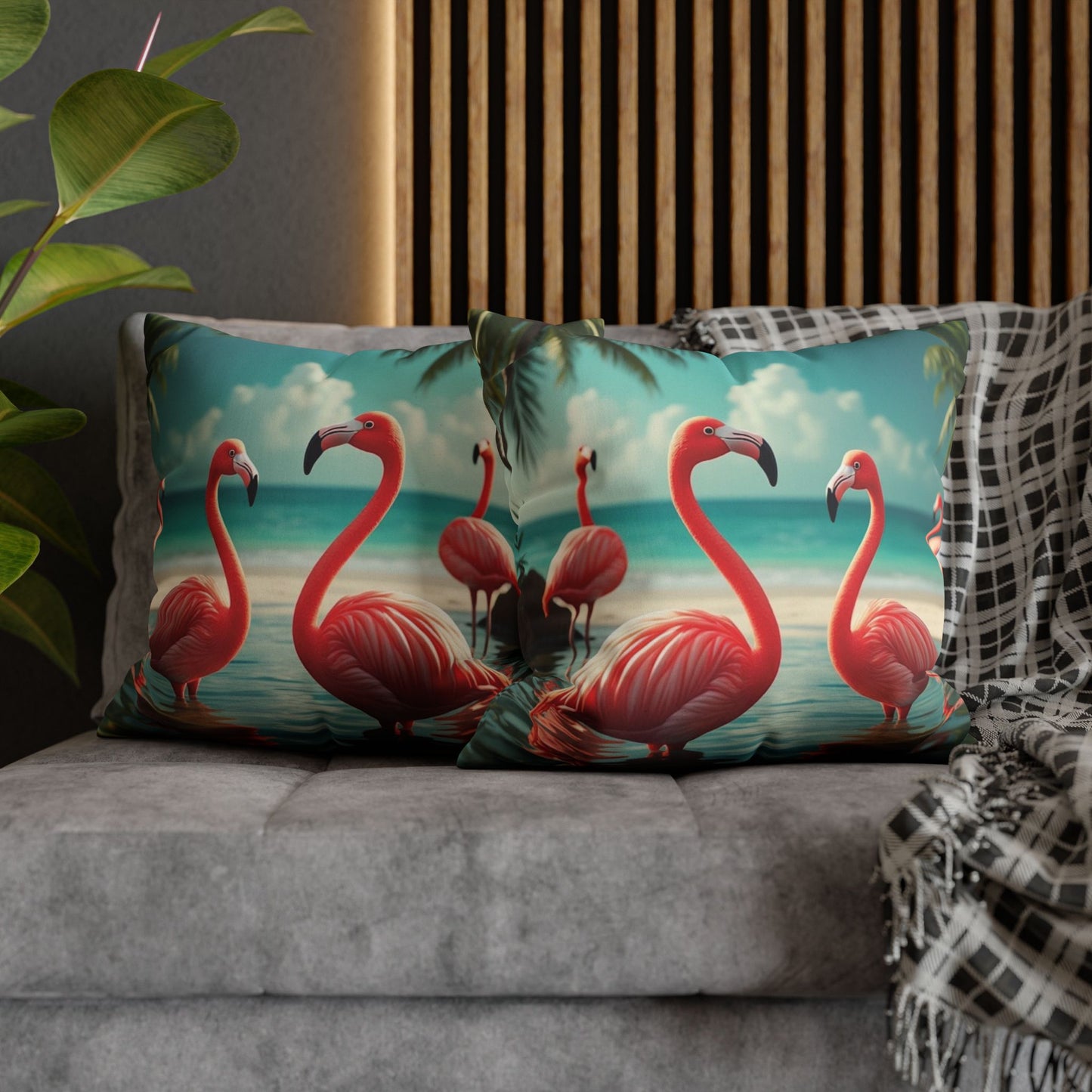 Faux Suede Square Pillowcase - Morning Dip Flamingos