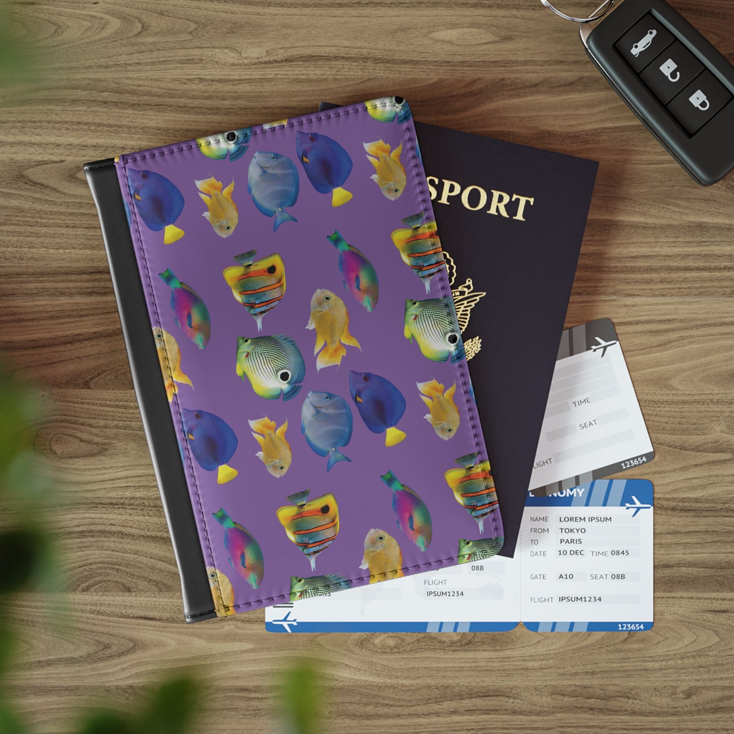 Tropical Passport Cover, Faux Leather - RFID blocking for travel security / School of Fish, Lt. Purple