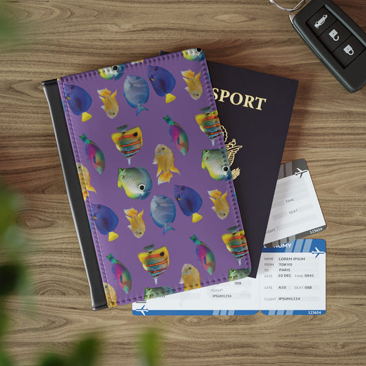 Tropical Passport Cover, Faux Leather - RFID blocking for travel security / School of Fish, Lt. Purple