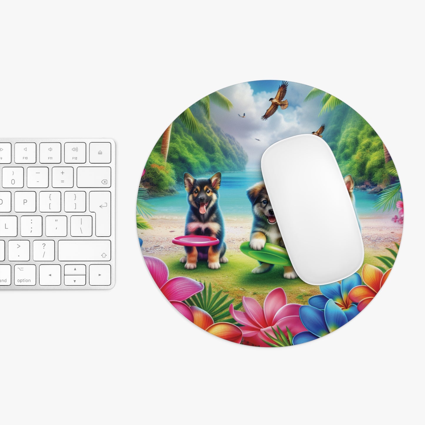 Tropical Mouse Pad, 2 Shapes - Beach Vibes for Home Office & Gamer / Three Puppies on Beach Playing Frisbee