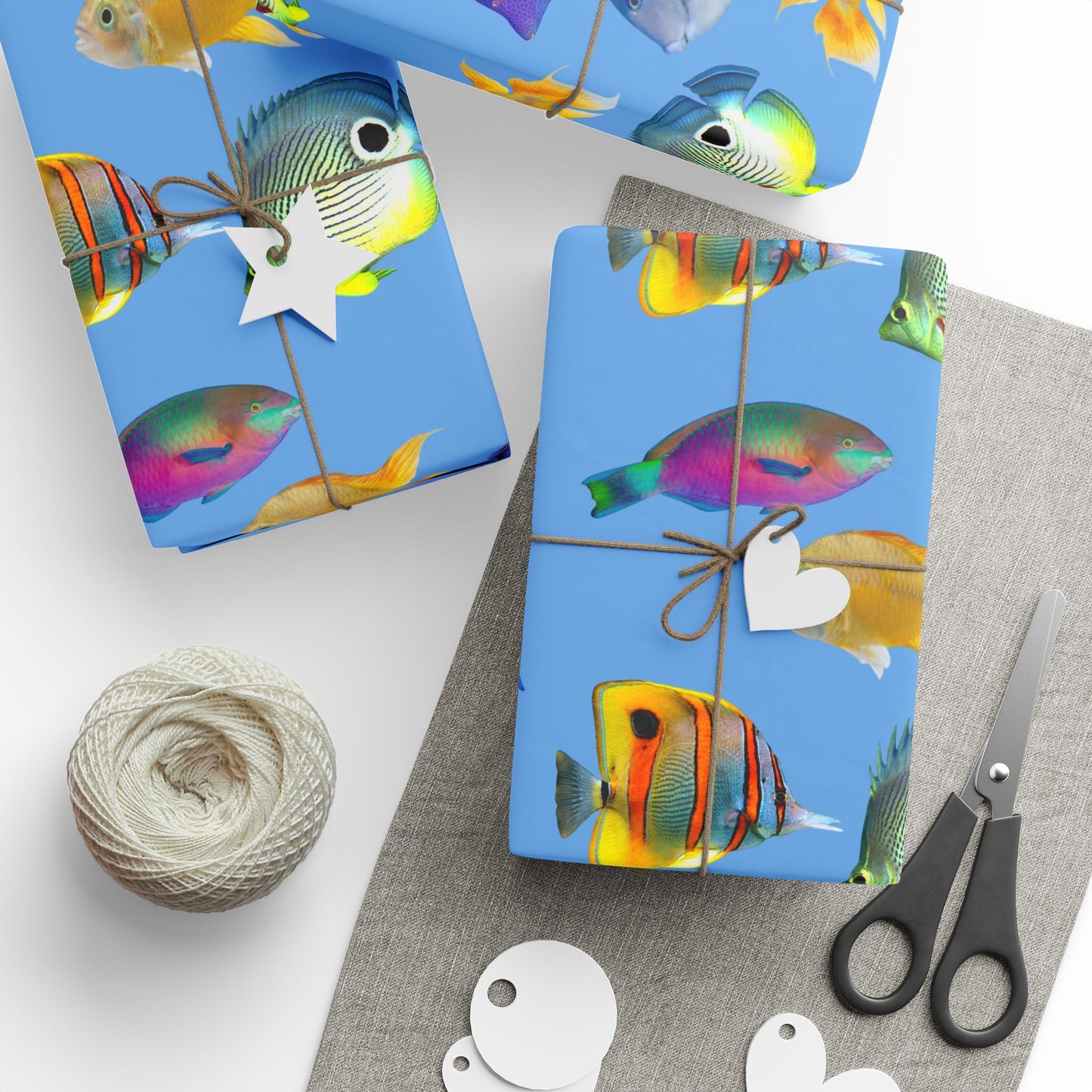 Wrapping Paper - Tropical Gift Wrap for All Occasions, 3 Sizes/2 Finishes / School of Fish, Lt. Blue