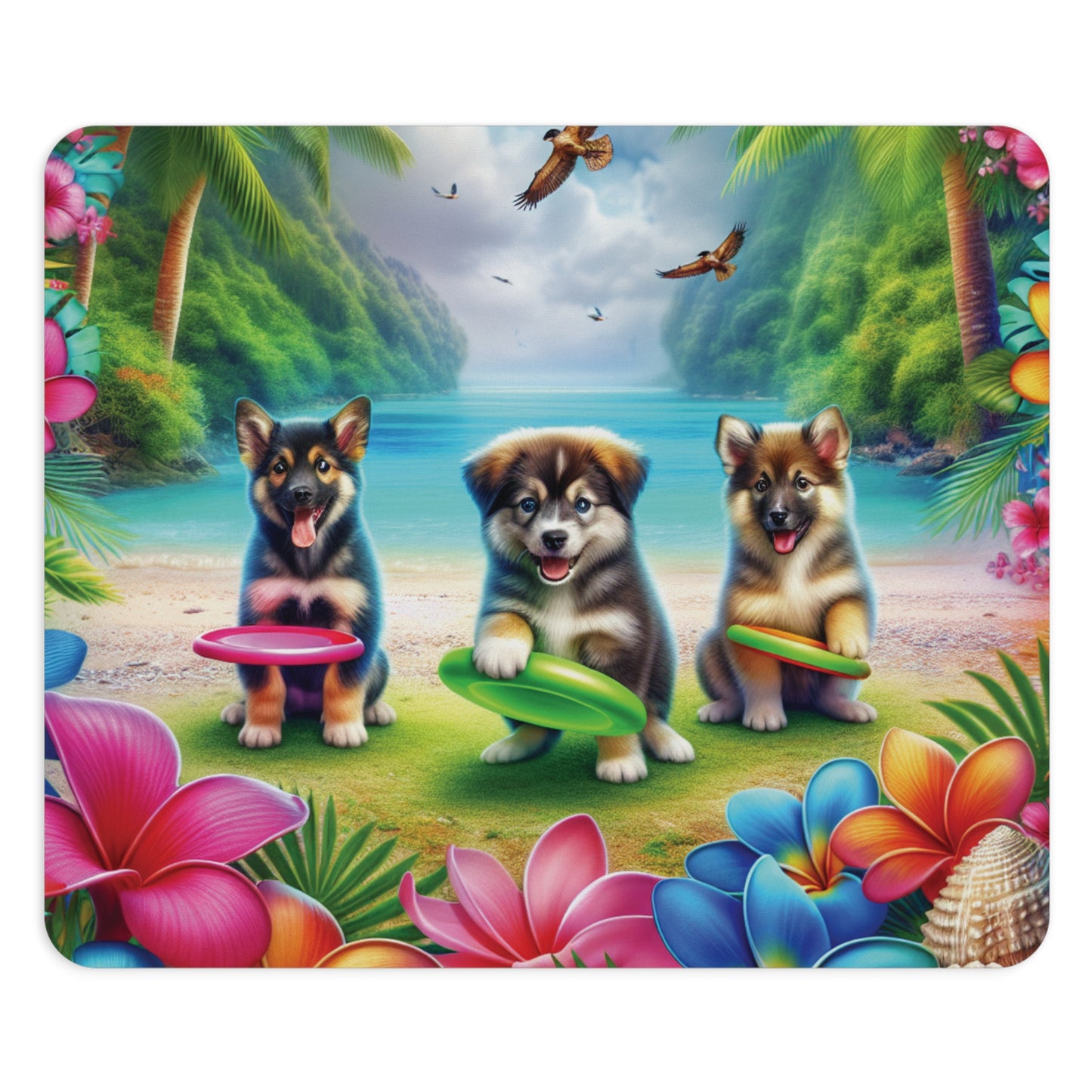 Tropical Mouse Pad, 2 Shapes - Beach Vibes for Home Office & Gamer / Three Puppies on Beach Playing Frisbee
