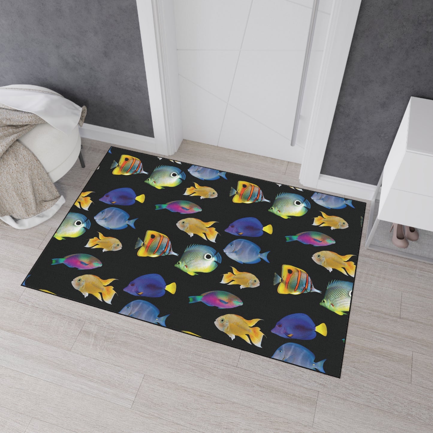 Heavy Duty Floor Mat, 5 Sizes – Tropical Area Rug for Home Décor / School of  Fish, Black