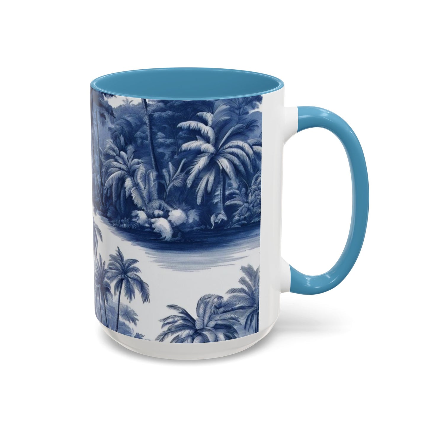 Accent Coffee Mug (11, 15oz), 8 Colors - Tropical Toile Blue/White