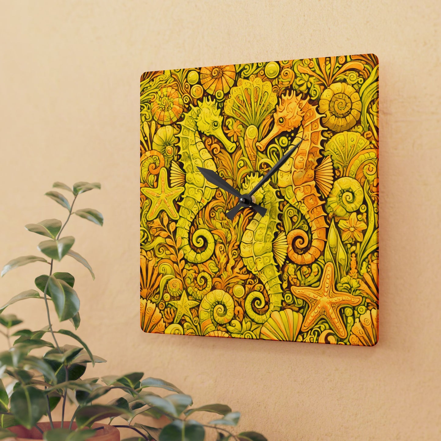 Acrylic Wall Clock / Seahorse Trio, Yellow
