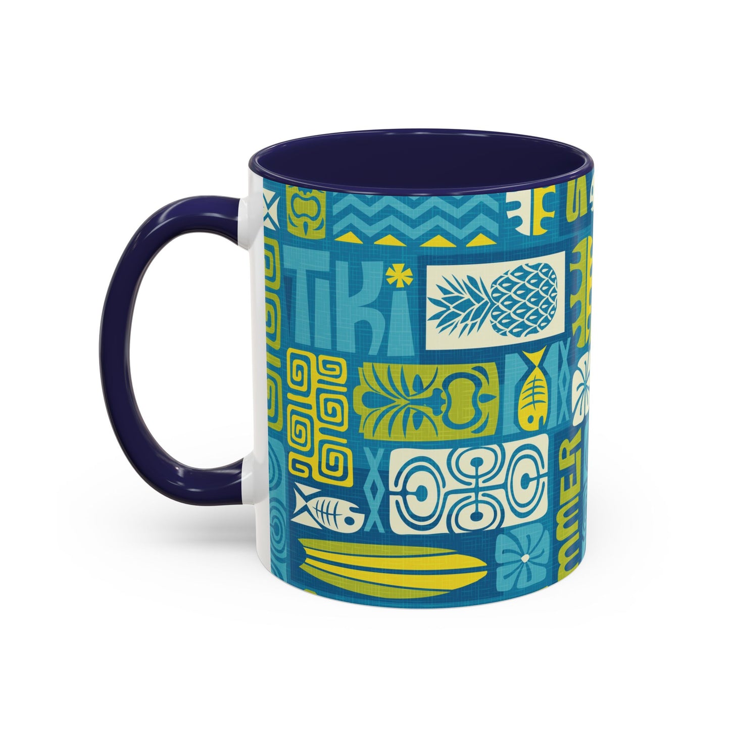 Accent Coffee Mug (11, 15oz), 8 Colors - Tiki Poster Blue