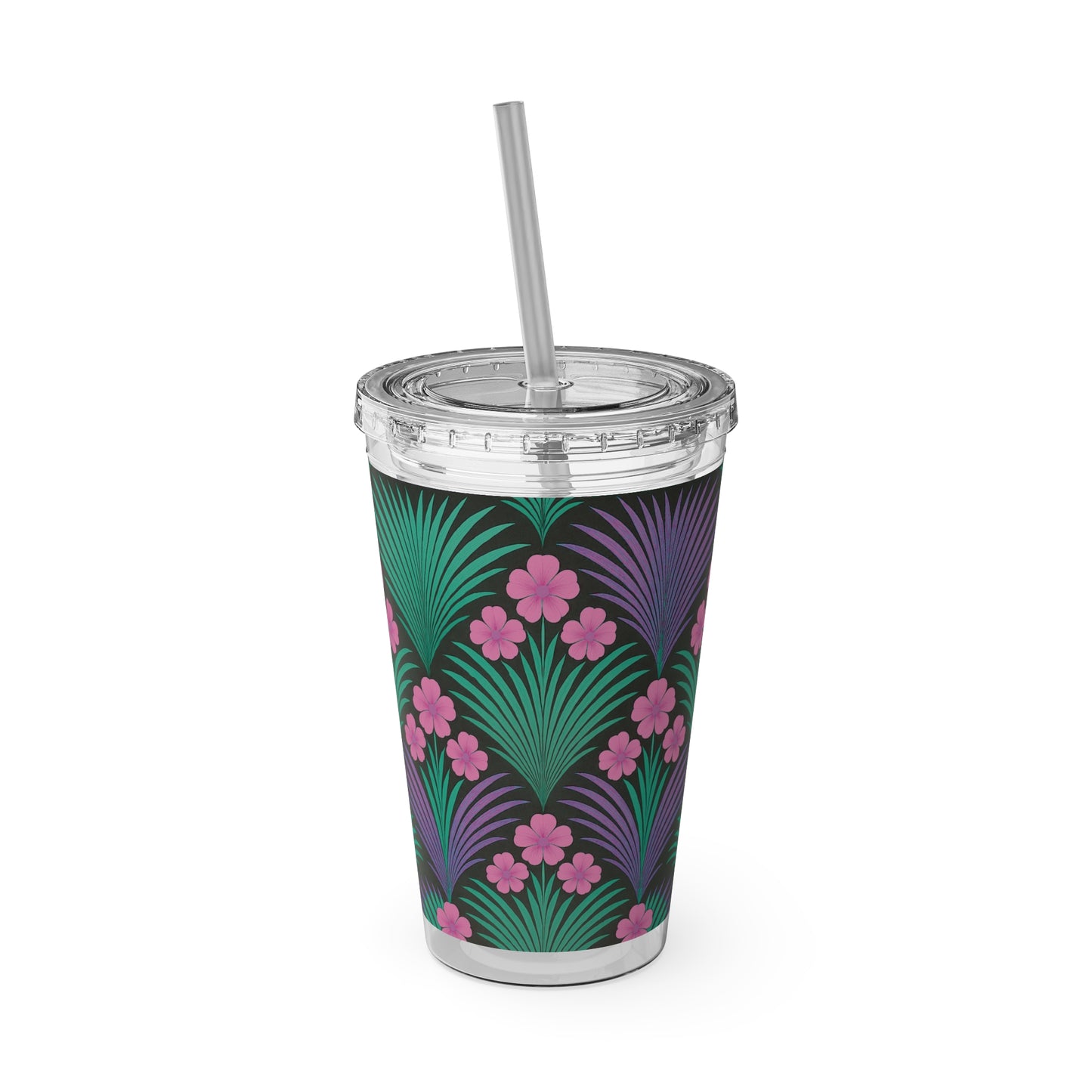 Tropical Tumbler with Straw | 16oz Colorful Travel Cup / Midnight Hibiscus Deco, Pink