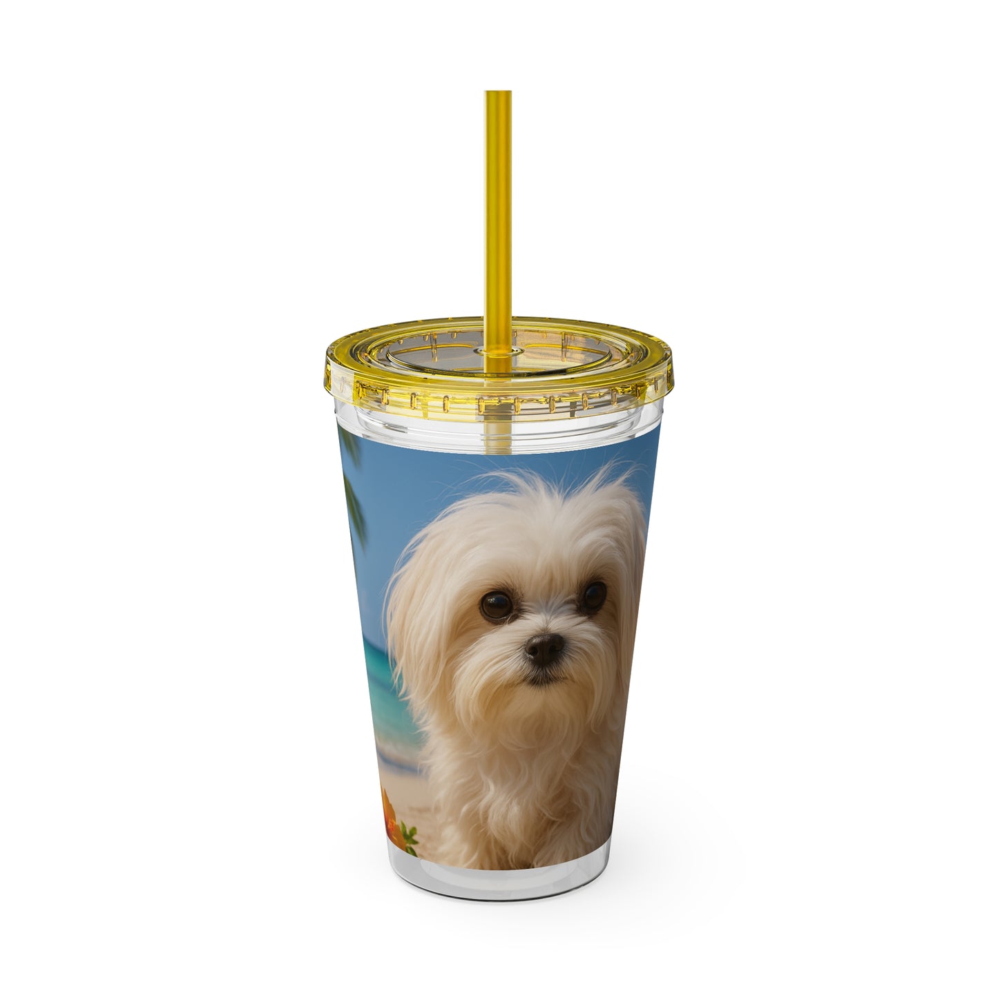 Tropical Tumbler with Straw | 16oz Colorful Travel Cup / Puppy Ariel at the Beach