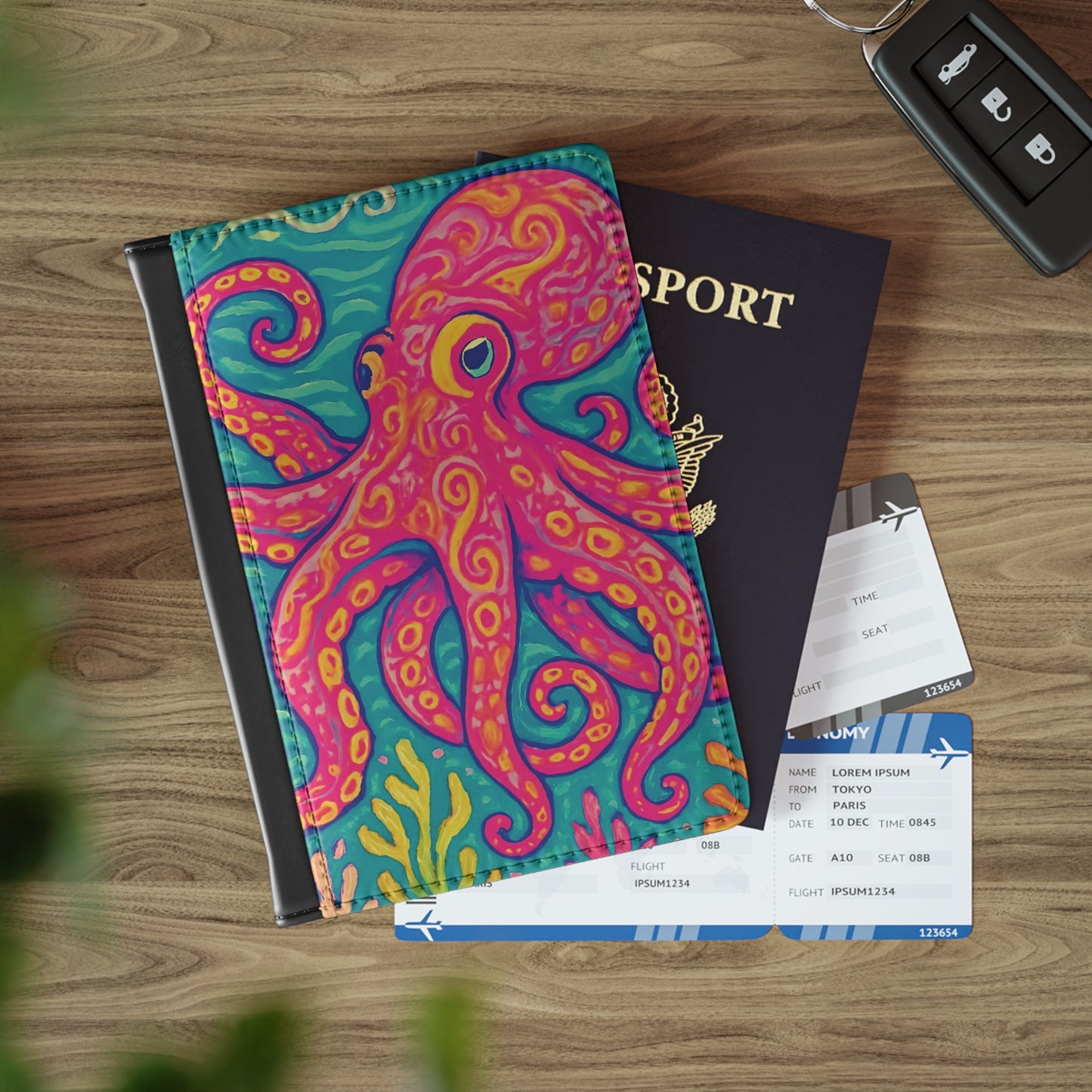 Tropical Passport Cover, Faux Leather - RFID blocking for travel security / Octopus Kraken Joe, Red